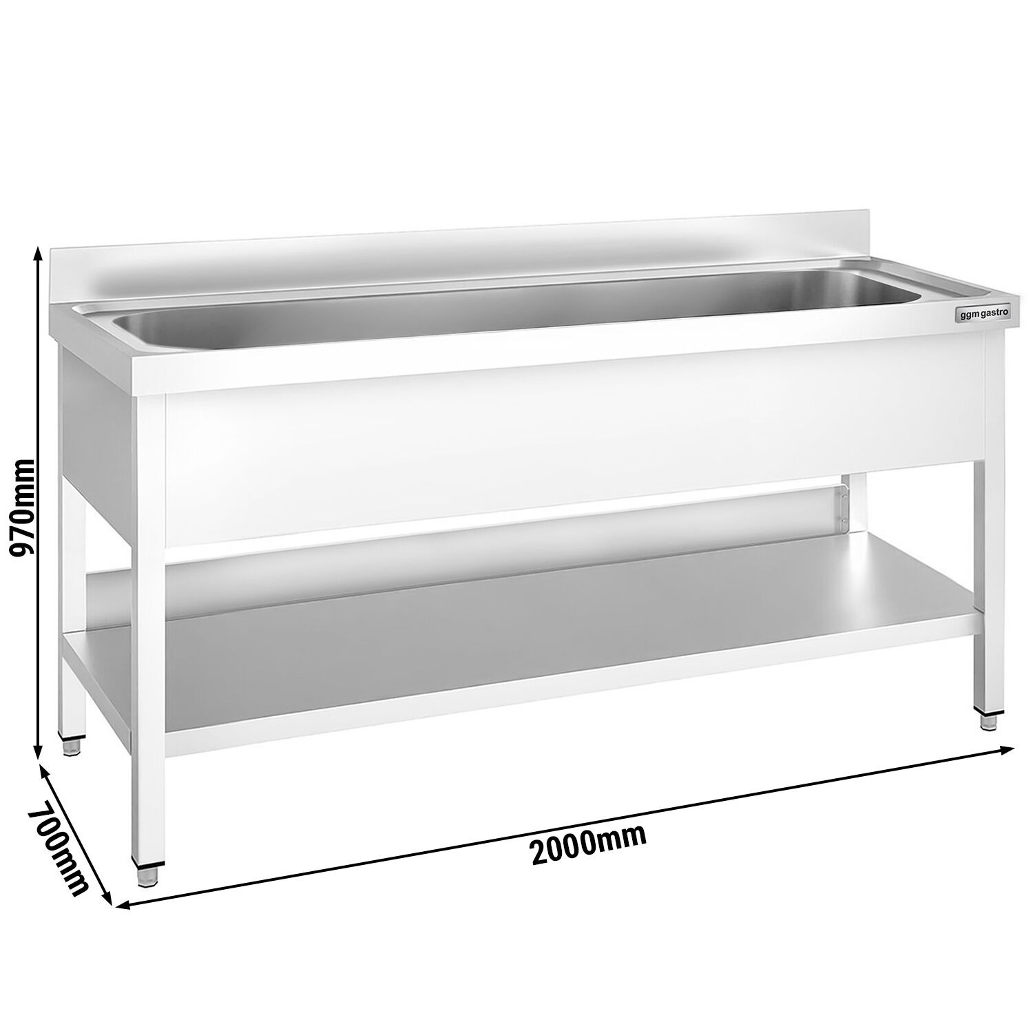 Plonge à marmites en inox PREMIUM - 2000x700mm - avec étagère basse & 1 bac
