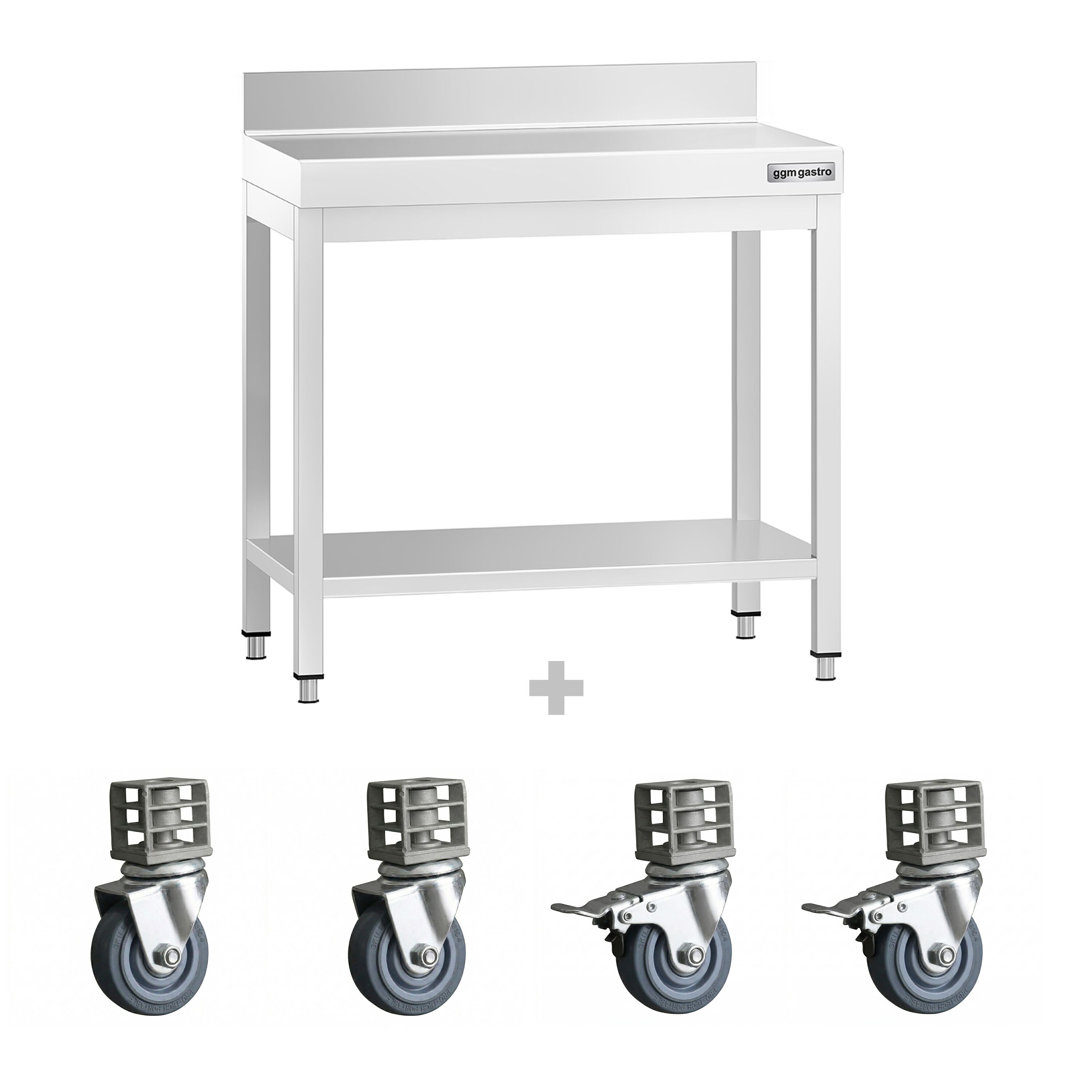 Table de travail en inox PREMIUM - 700 x 600 mm - avec tablette inférieure, dosseret et roulettes