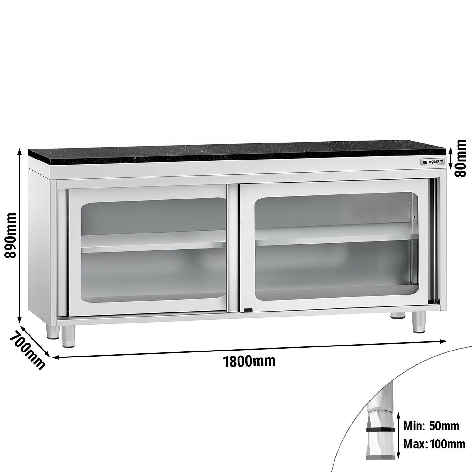 Roestvrijstalen werkkast PREMIUM - 1800 x 700 mm - met glazen schuifdeur - incl. granieten werkblad
