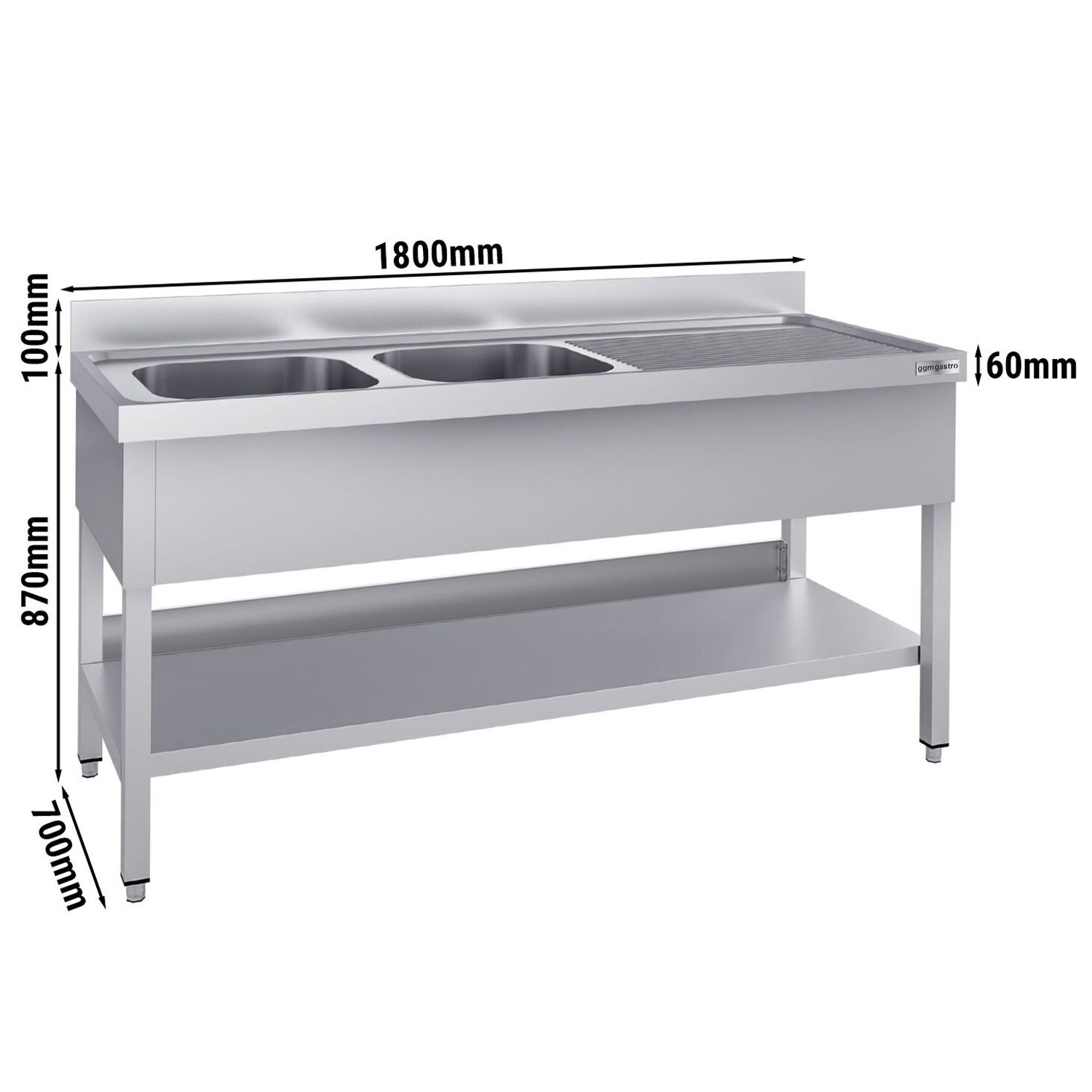 Stainless Steel Commercial Sink Unit ECO - 1800x700mm - with Double Bowl Left-hand - with Undershelf - with Upstand