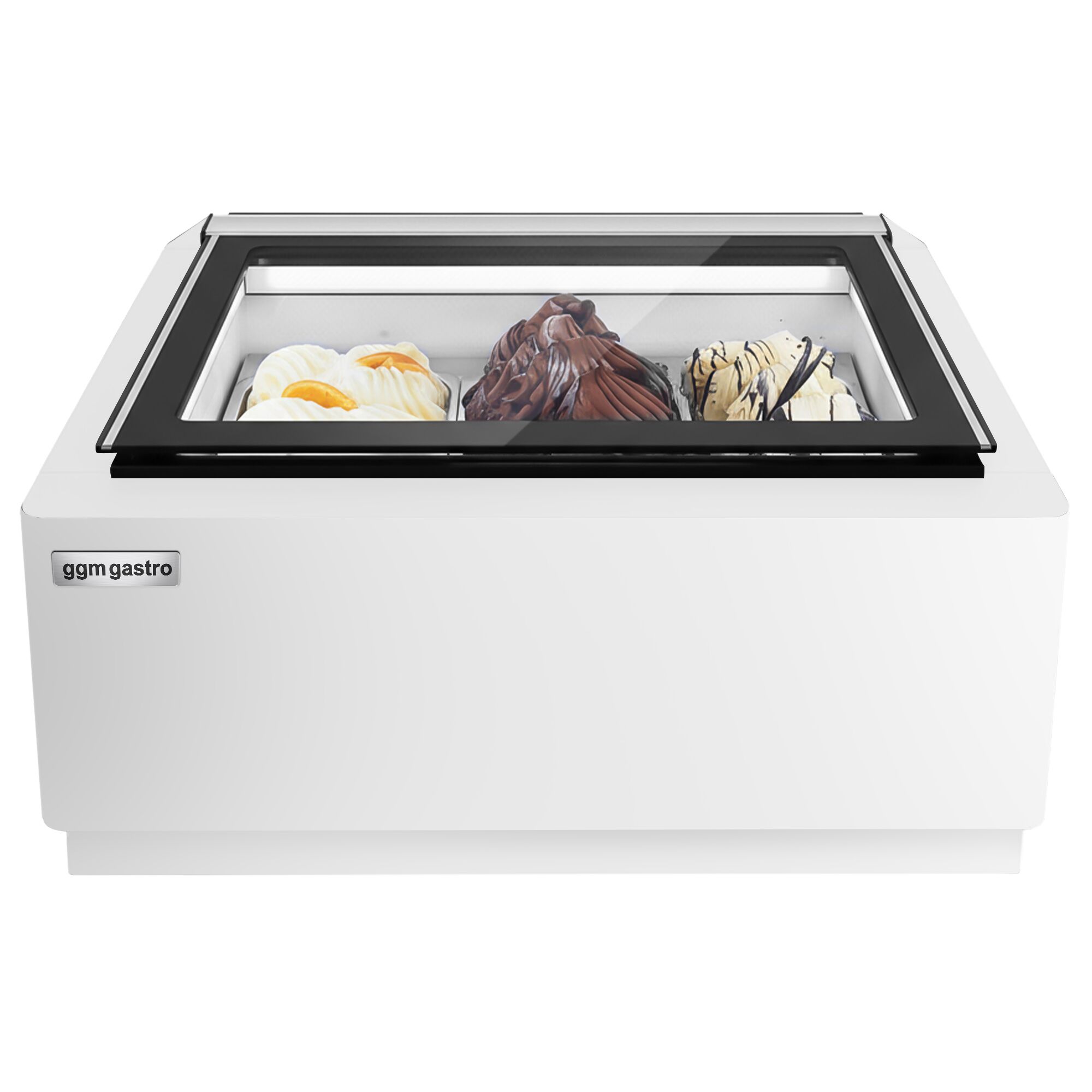 Vitrine à glaces à poser - 670mm - Froid statique - Couvercle vitré basculant - Blanc - pour 3 bacs de 5 L - Côté client