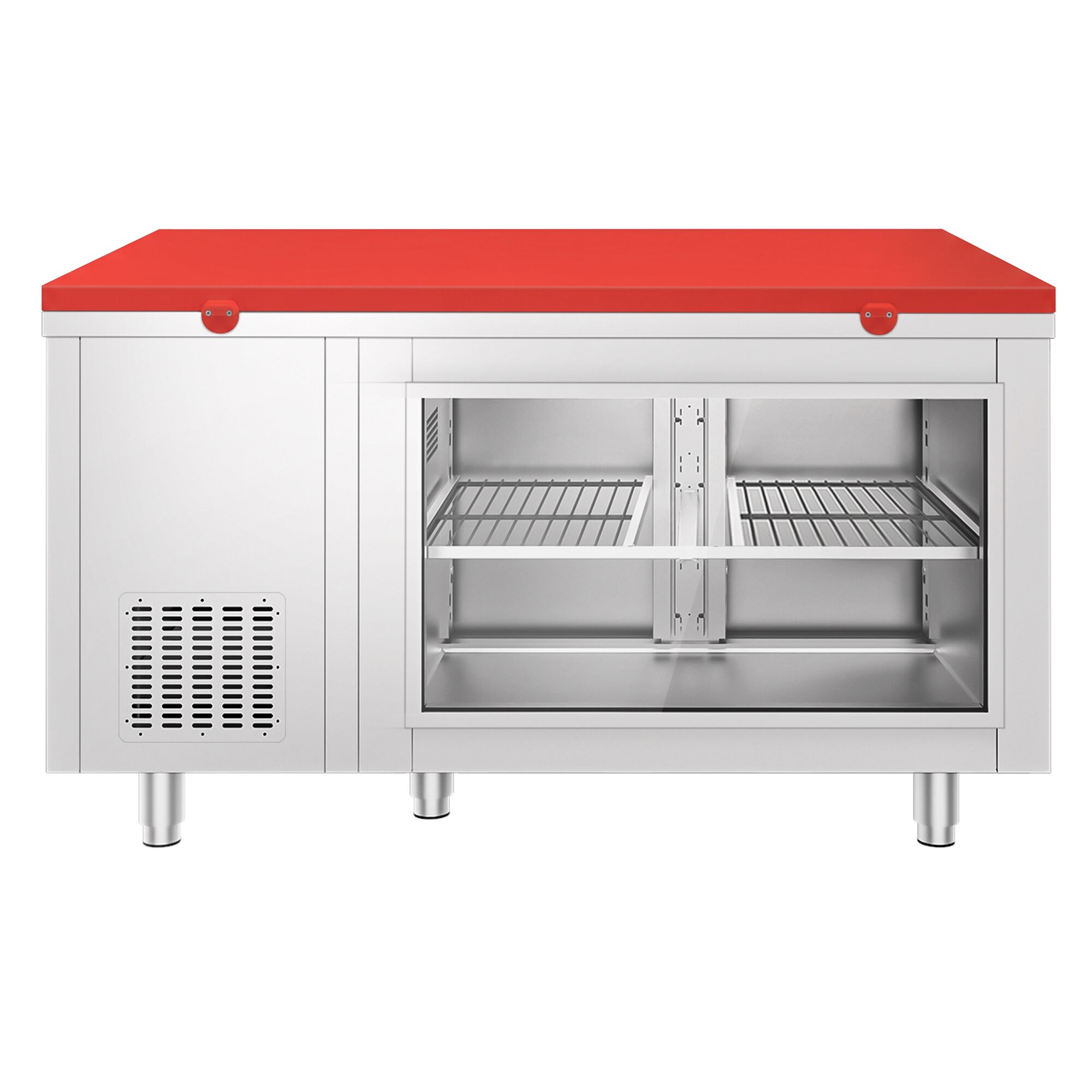 Refrigerated Counter – 1400 × 700 mm – Rear Side with 2 Doors – Glass Front – incl. Red Cutting Board