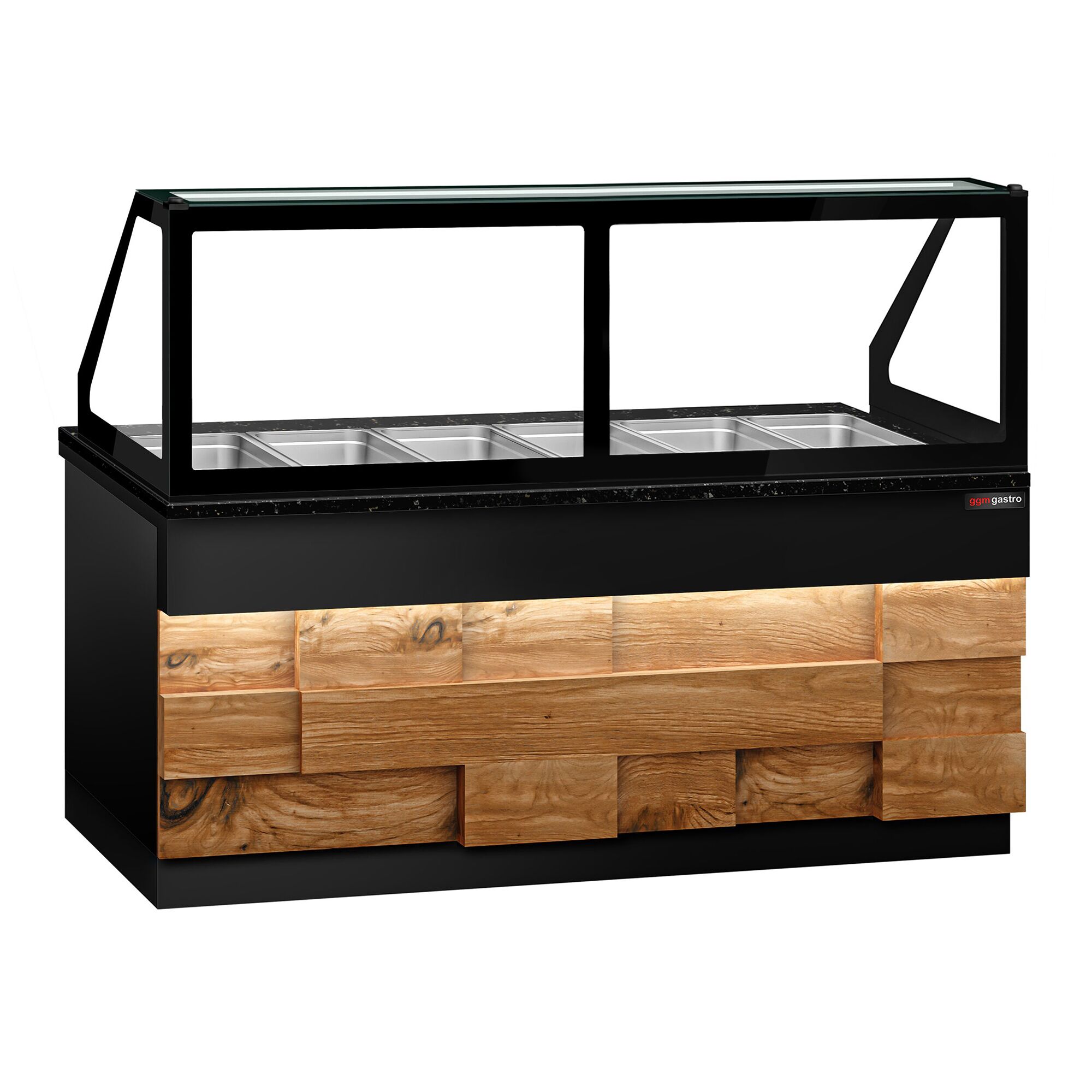Vitrine chauffante TORONTO – 2100 mm – façade en bois – pour 6 × GN 1/1 – plan de travail en granit noir