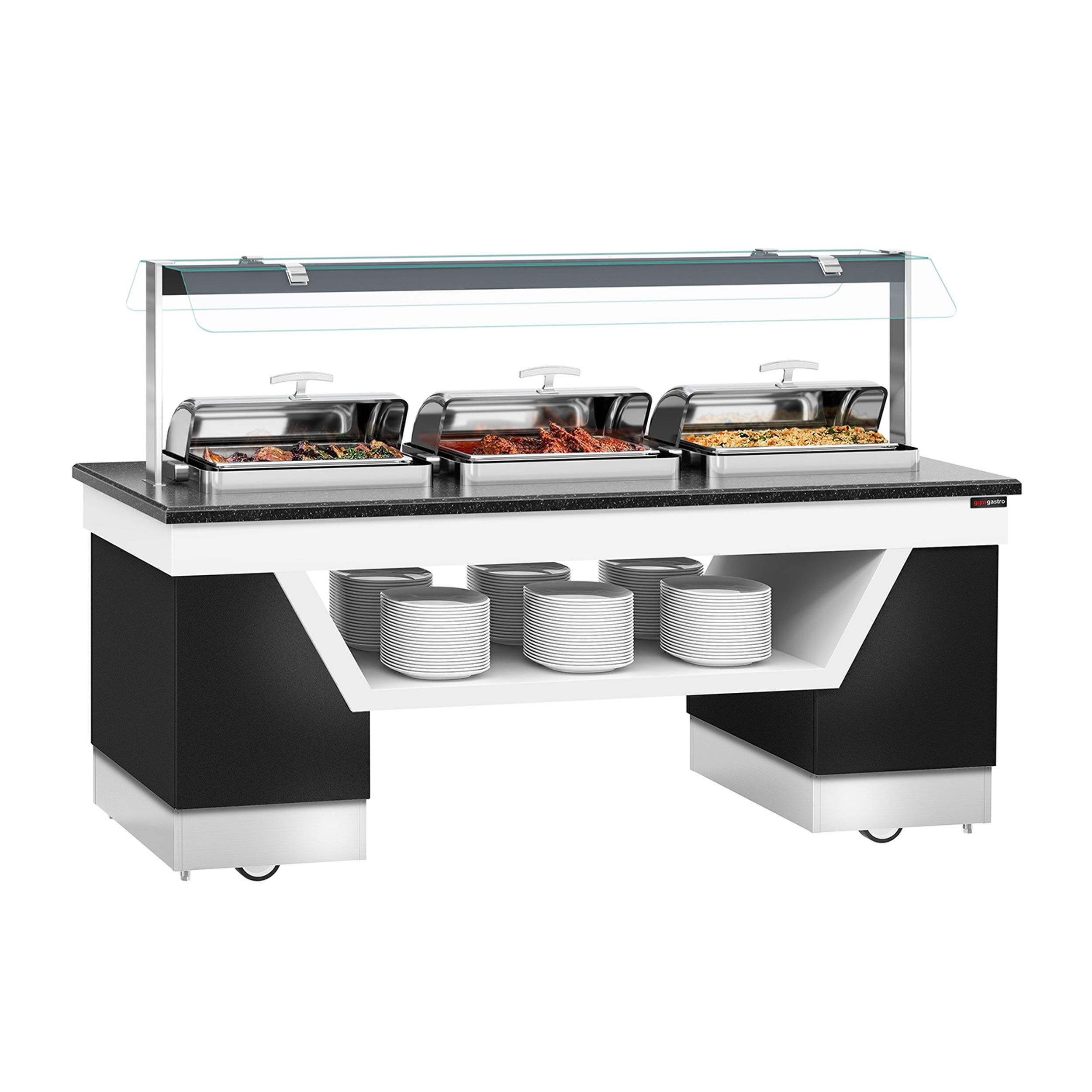 Buffet chaud BELFAST - 2300mm - avec bain-marie - sur roulettes - 3 Chafing Dishes - Noir