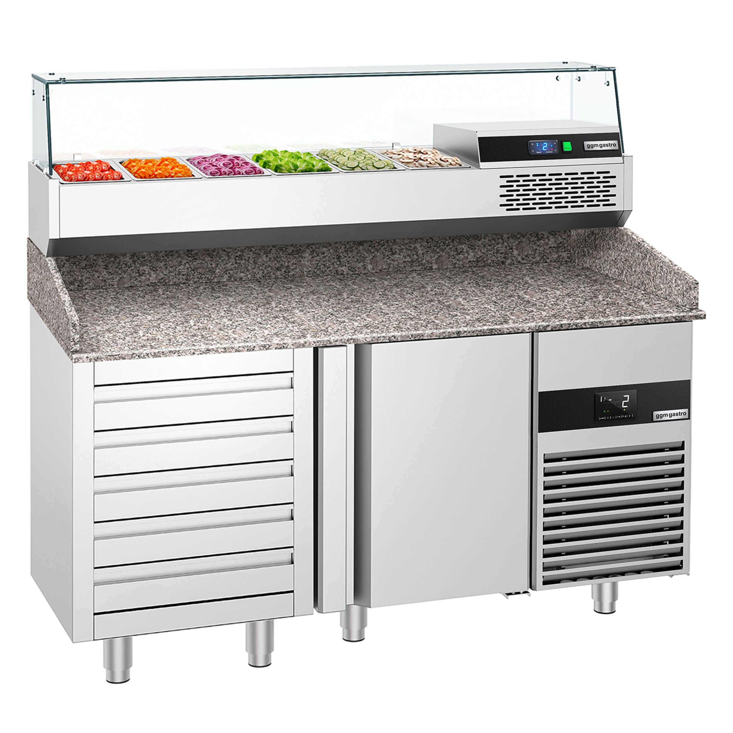 Table réfrigérée à pizza PREMIUM - 1550x800 mm - avec 1 porte & 5 tiroirs - incl. vitrine réfrigérée - 6x GN 1/3