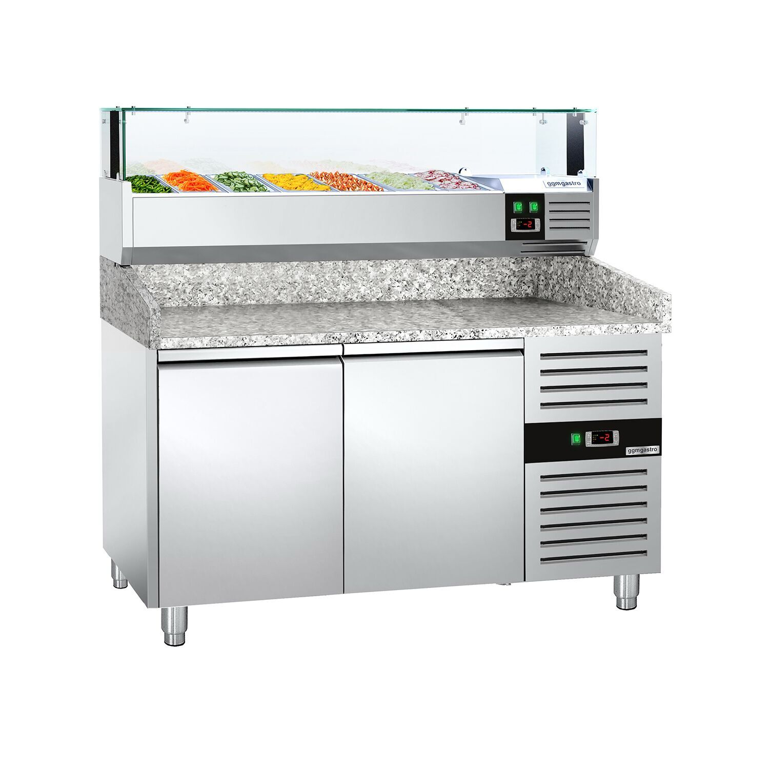 Table réfrigérée pour pizza PREMIUM - 1500 x 800 mm - avec 2 portes - incl. vitrine réfrigérée avec LED - 7 x GN 1/4