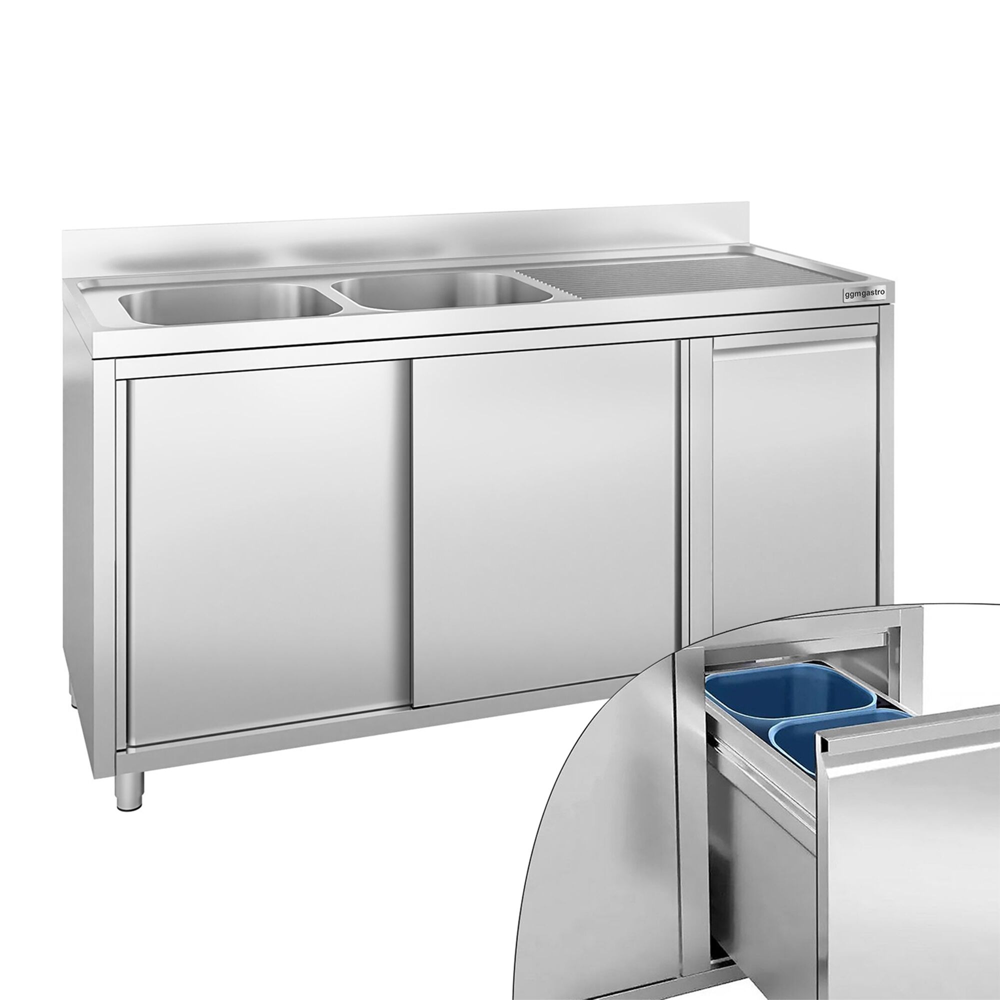 Spülschrank - 2000x700mm - mit Abfallbehälter & 2 Becken links
