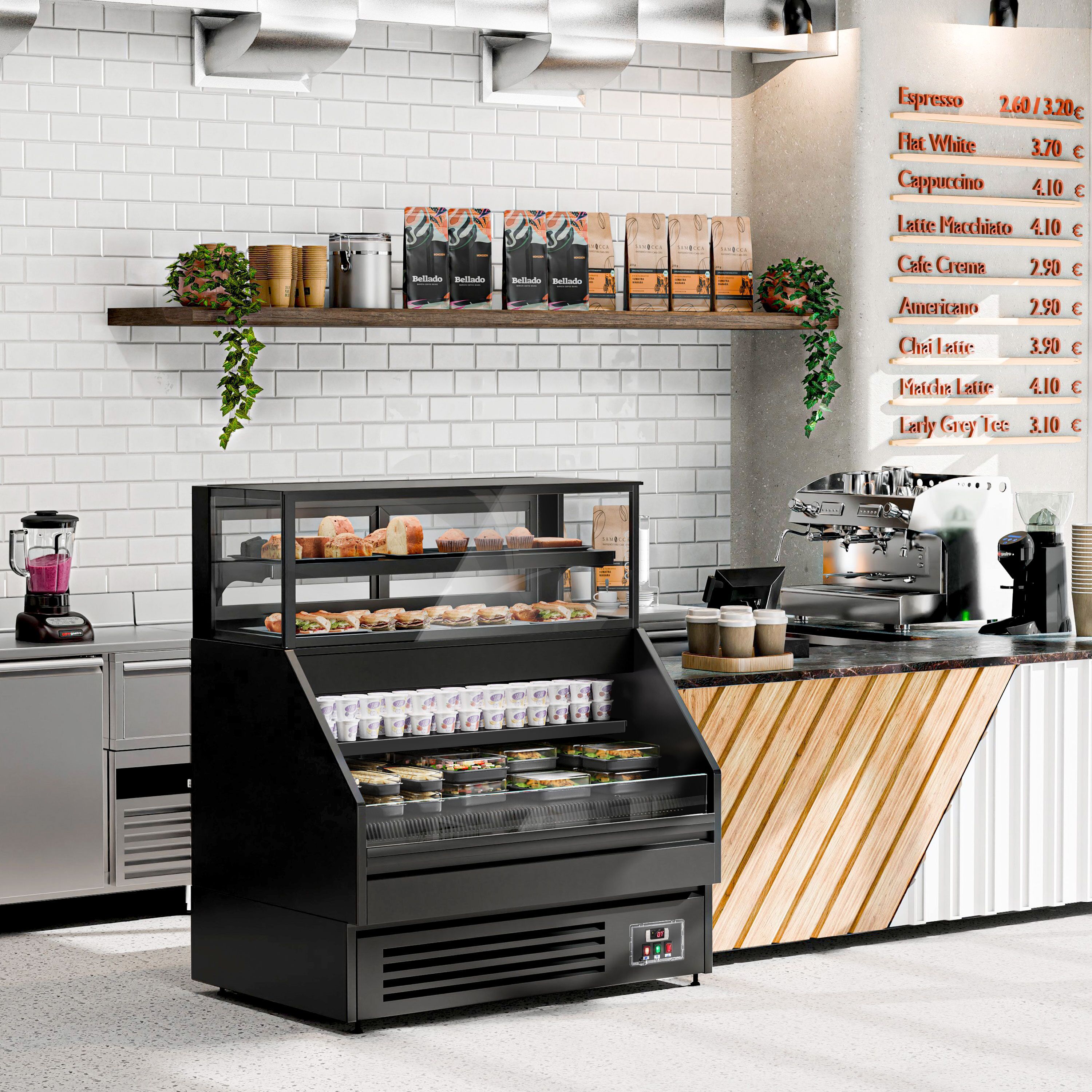 Comptoir vitrine réfrigérée HELSINKI - 1200x800mm - 199L - 4 étagères - +2/+8°C - Portes coulissantes vitrées