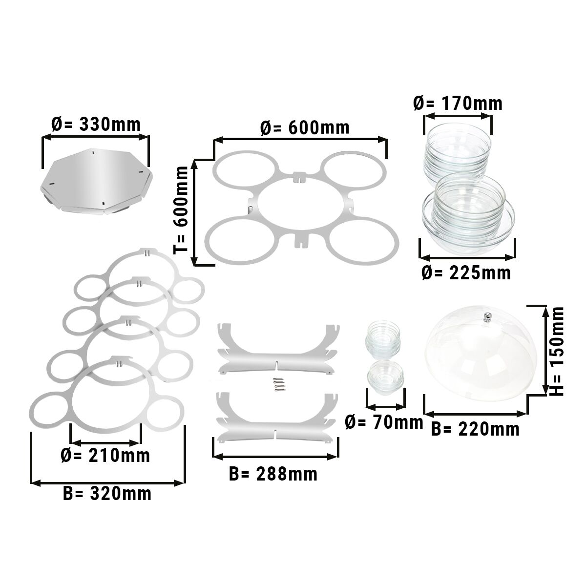 Buffetstandaard - RVS - rond - 600x600mm - Hoogte: 350mm - incl. 17 glazen schalen - roterend