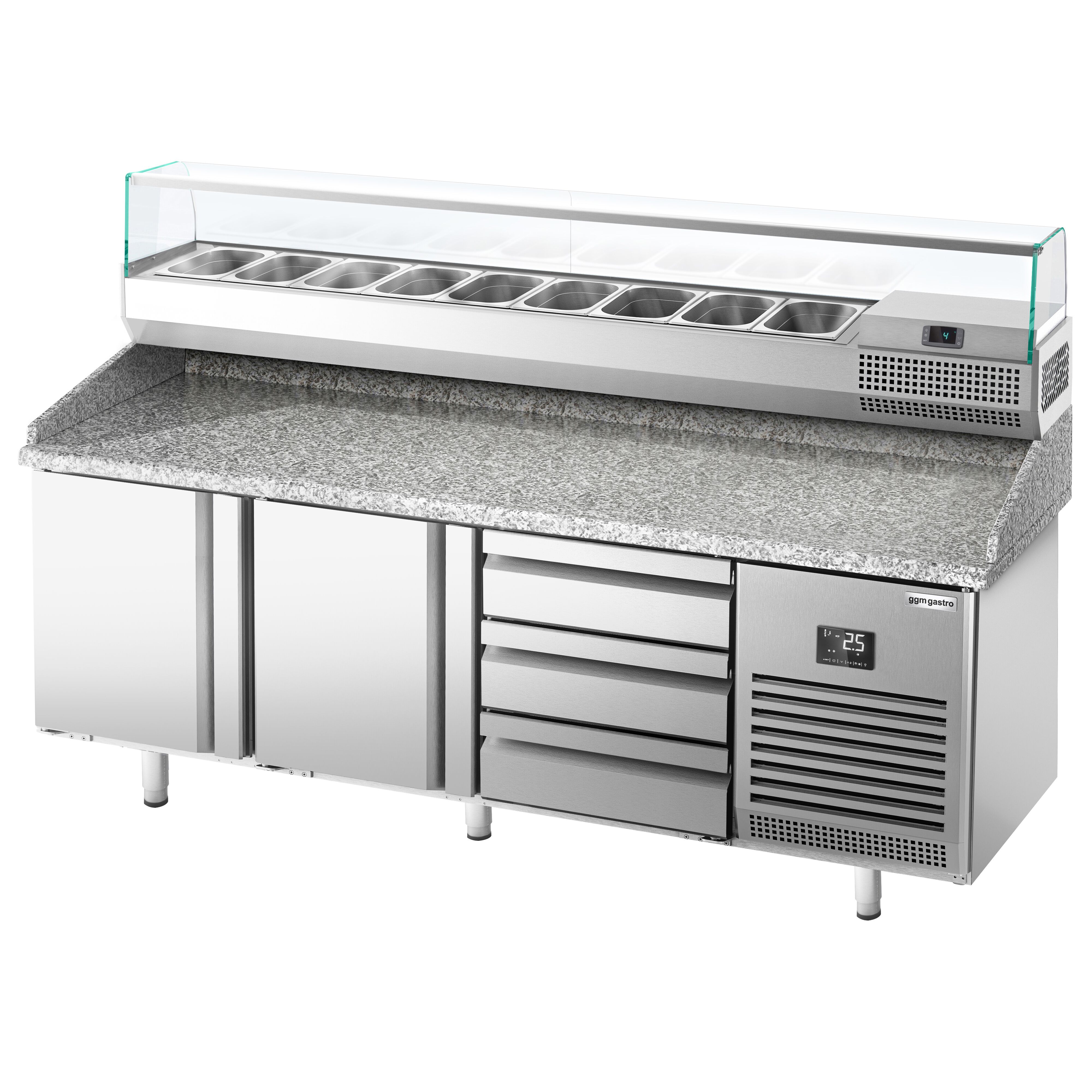 Table réfrigérée à pizza Premium PLUS - 1980x700 mm - avec 2 portes - incl. vitrine réfrigérée - 9x GN 1/4