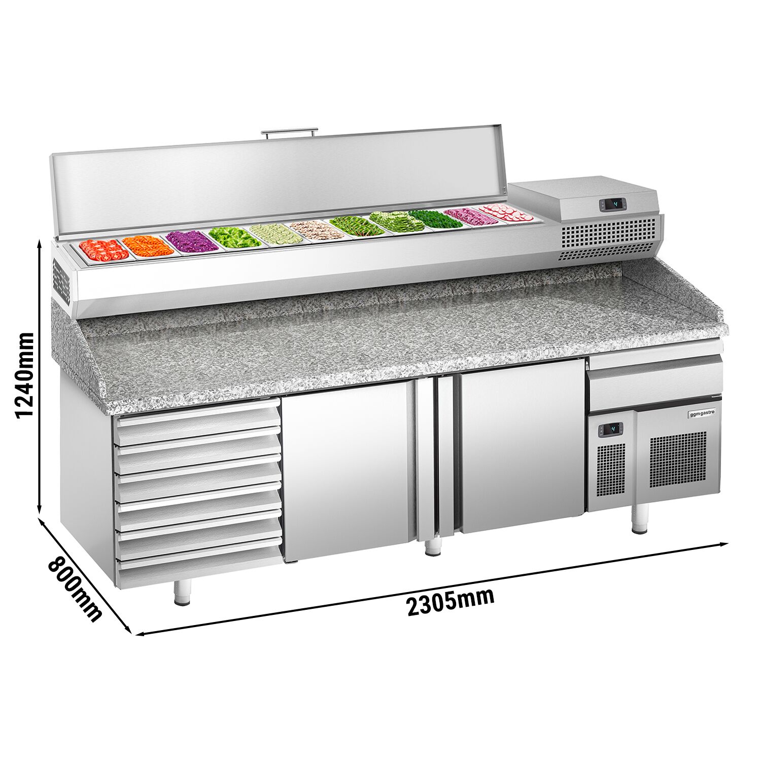 Table réfrigérée à pizza Premium PLUS - 2305x800 mm - avec 2 portes & 7 tiroirs - incl. vitrine réfrigérée pour ingrédients - 11 bacs GN 1/4