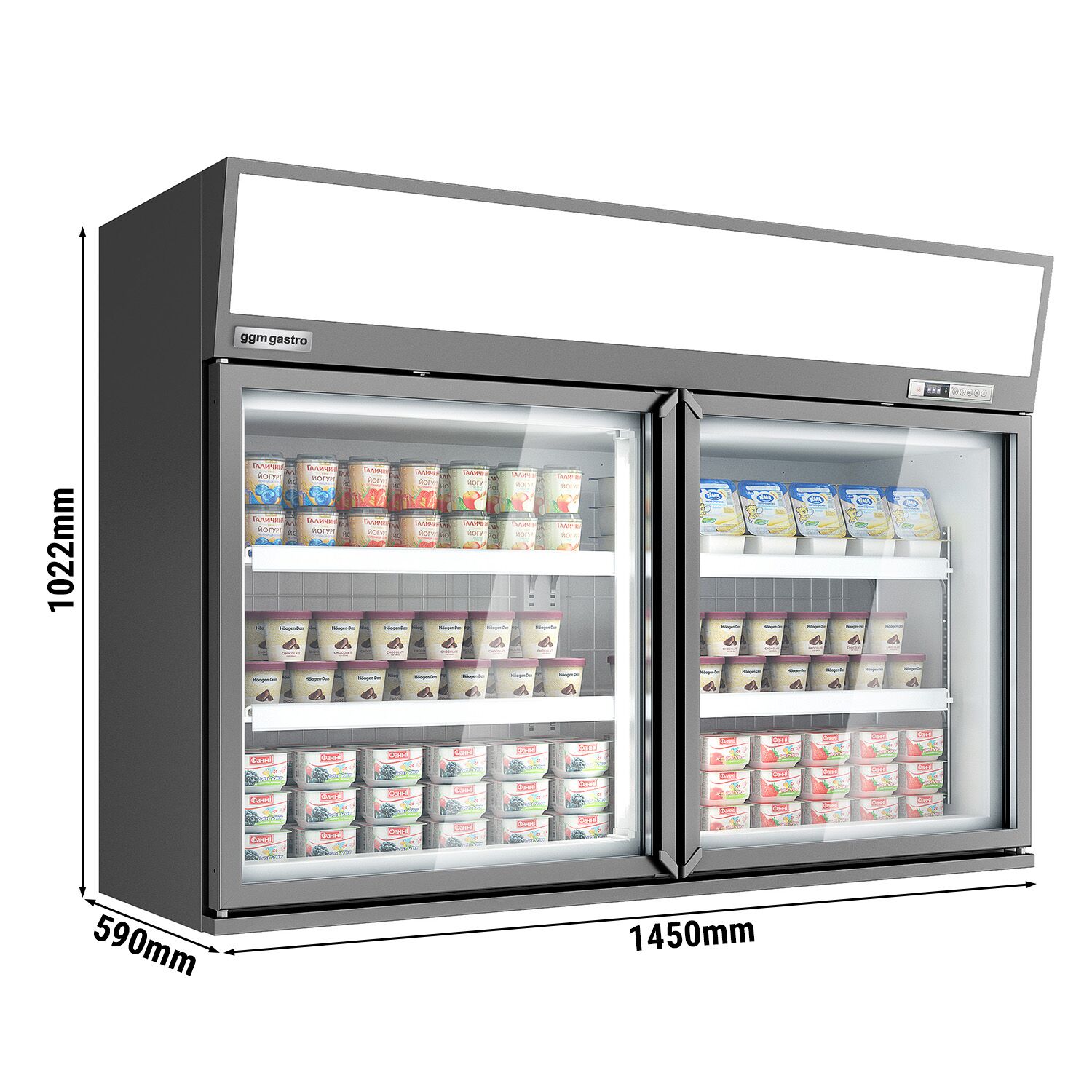 Vitrine murale de congélation pour supermarché - 1450 mm - 232 litres - avec 2 portes & 2 étagères - Gris