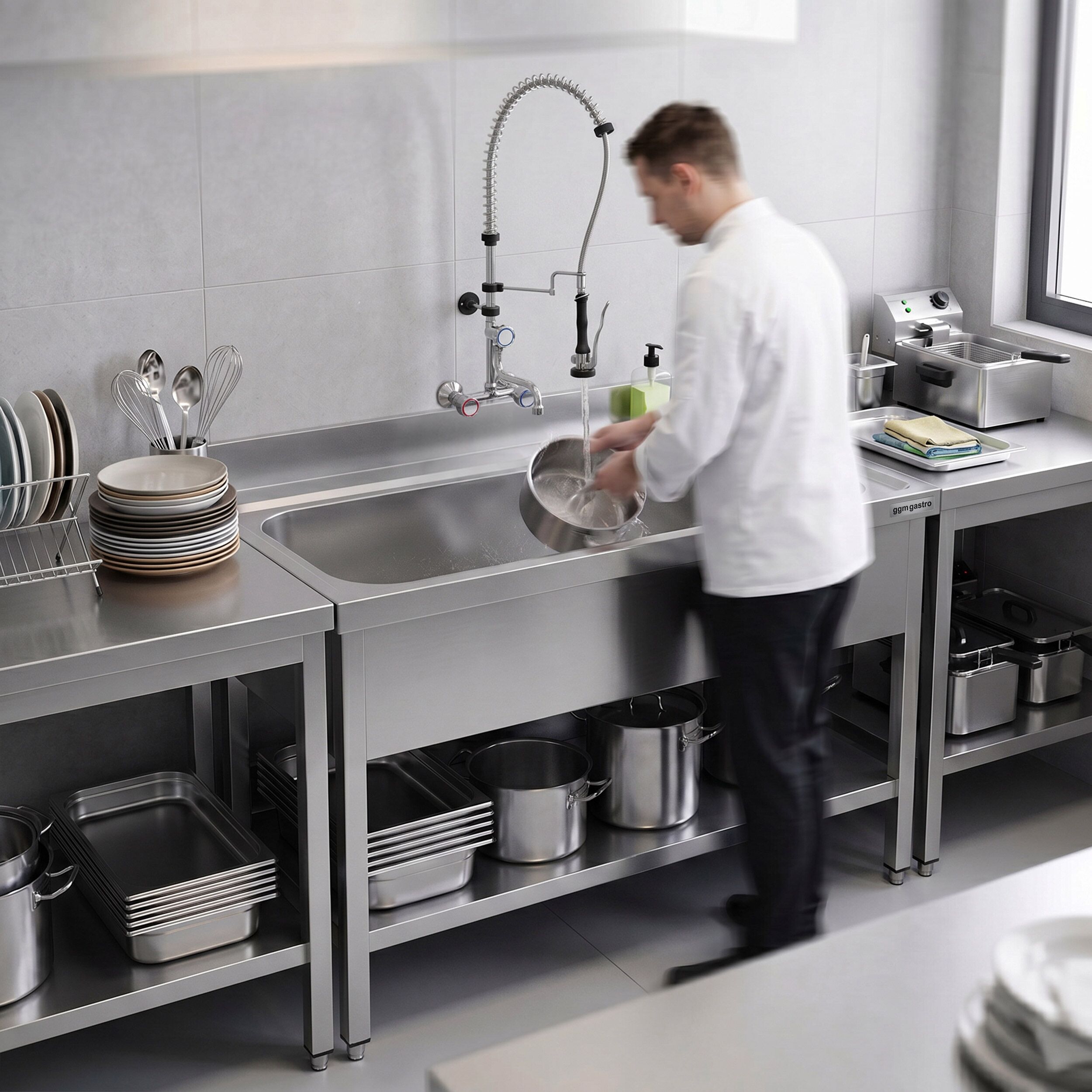 Diskbänk i rostfritt stål PREMIUM - 1600x700 mm - med underhylla - 1 ho mitten - extra djup ho - med stänkskydd