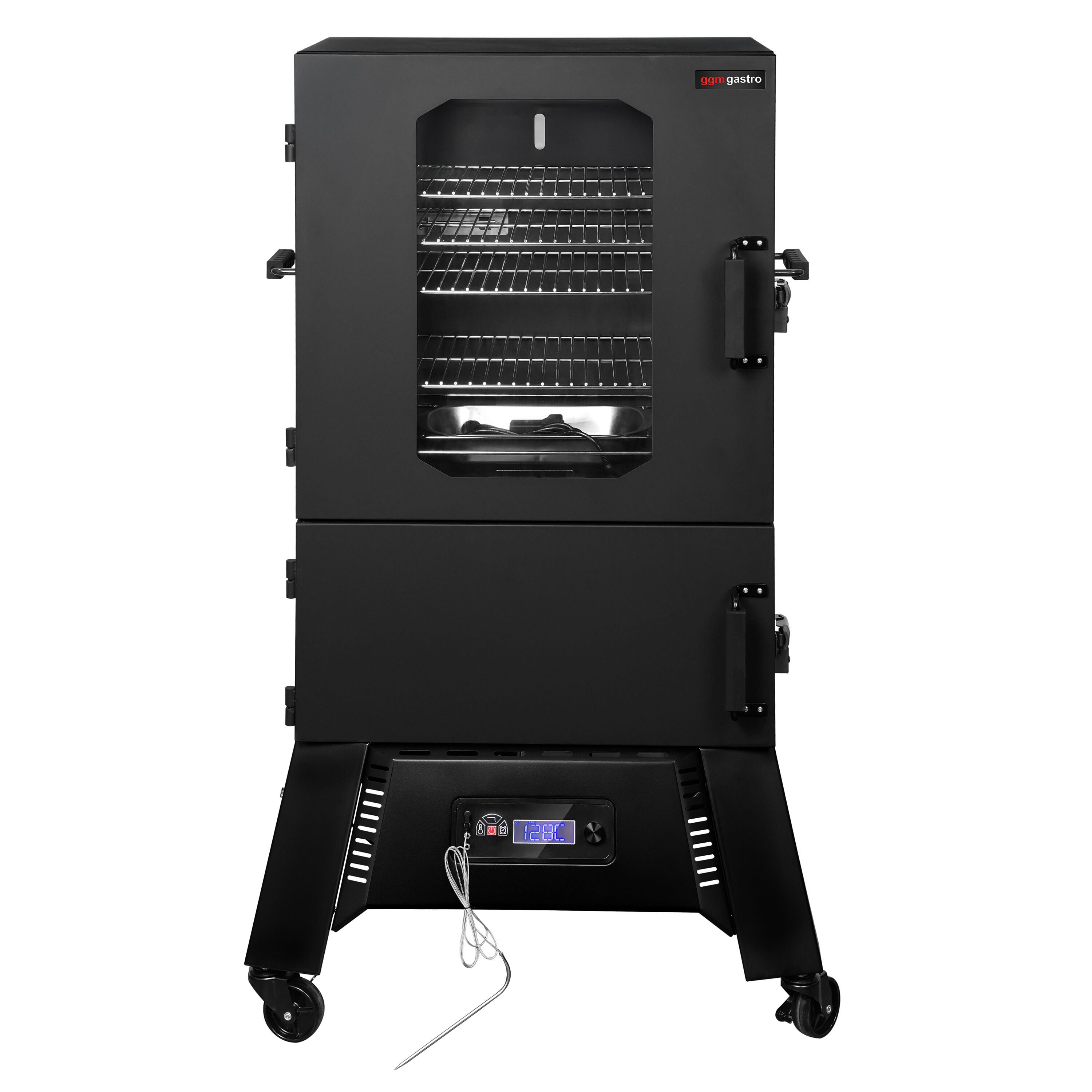 Fumoir électrique professionnel - Commande électronique - avec 4 étagères - 670x739mm - sur roulettes - Noir - fumage à chaud et à froid