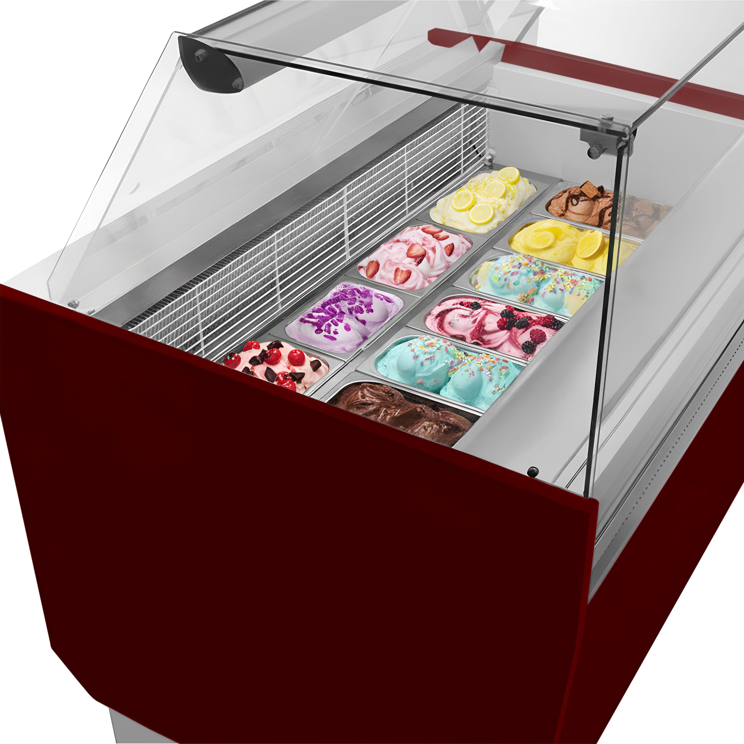Vitrine à glace LIAM – 1560 mm – refroidissement statique – pour 13+13 bacs à glace de 5 litres – Rouge grenat