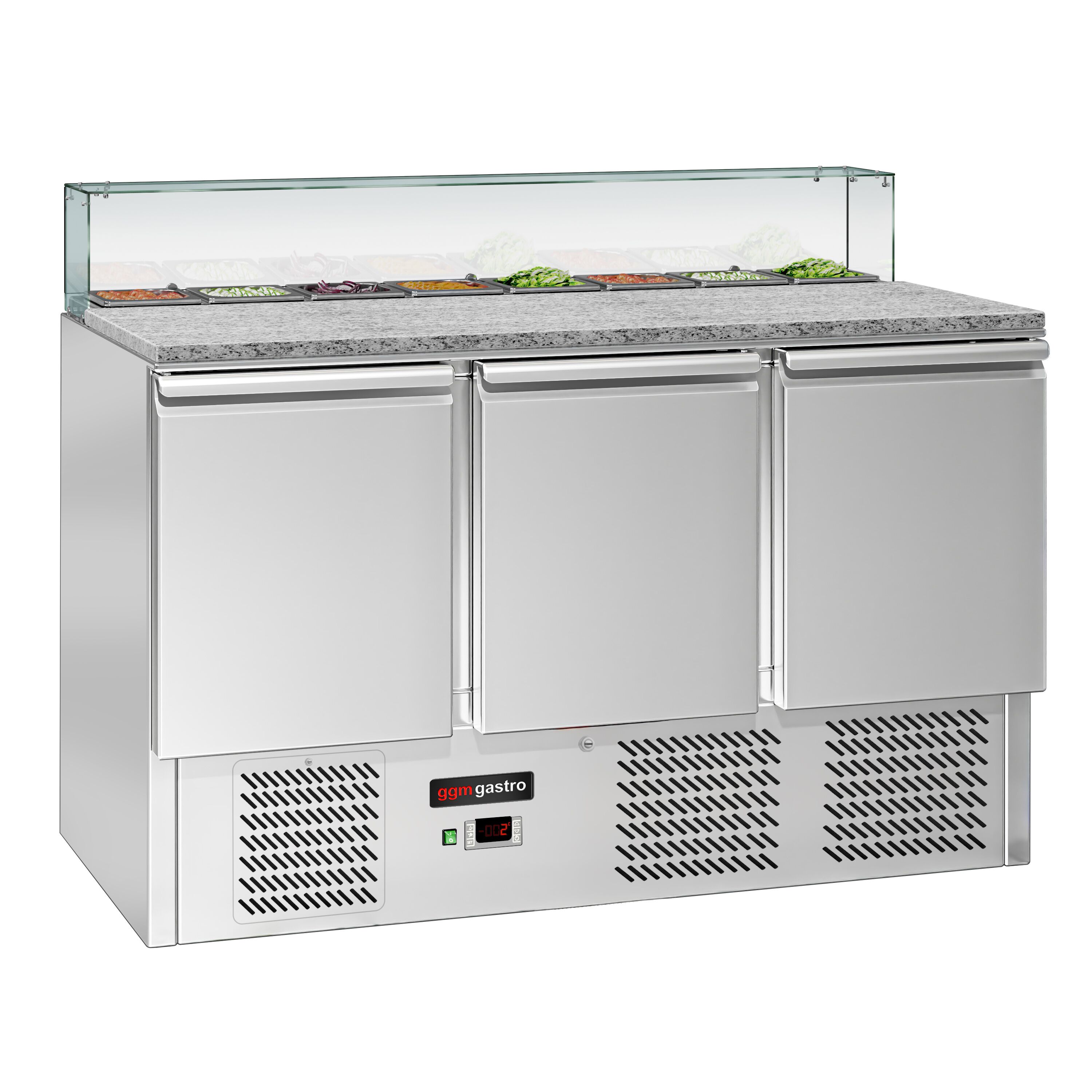 Saladette réfrigérée ECO - 1368mm - 368L - 3 portes - avec vitrine de comptoir pour 8x GN 1/6
