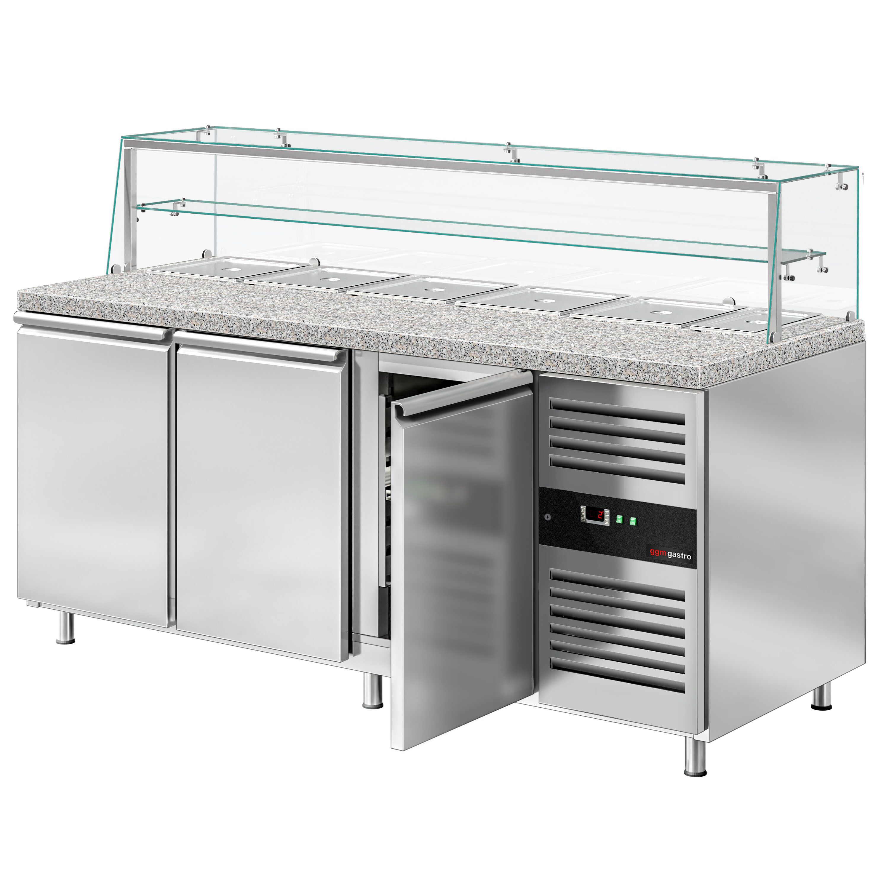 Saladette réfrigérée PREMIUM - 2020mm - 580L - 3 portes - avec vitrine de comptoir pour 5x GN 1/1 & 1x GN 2/4 & 1 étagère - plan de travail en granit noir