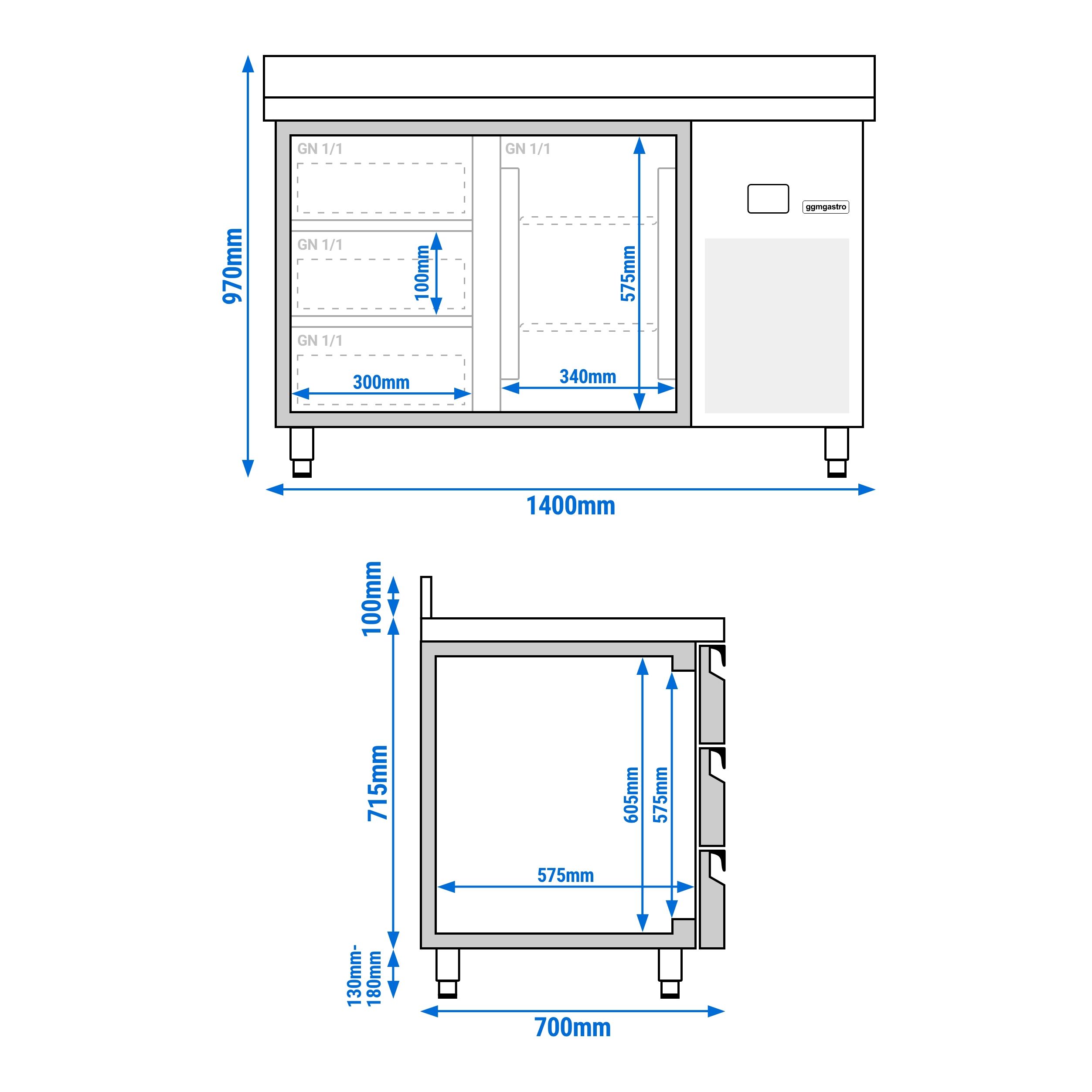 Table réfrigérée PREMIUM - 1400x700 mm - avec 1 porte - 3 tiroirs - avec dosseret