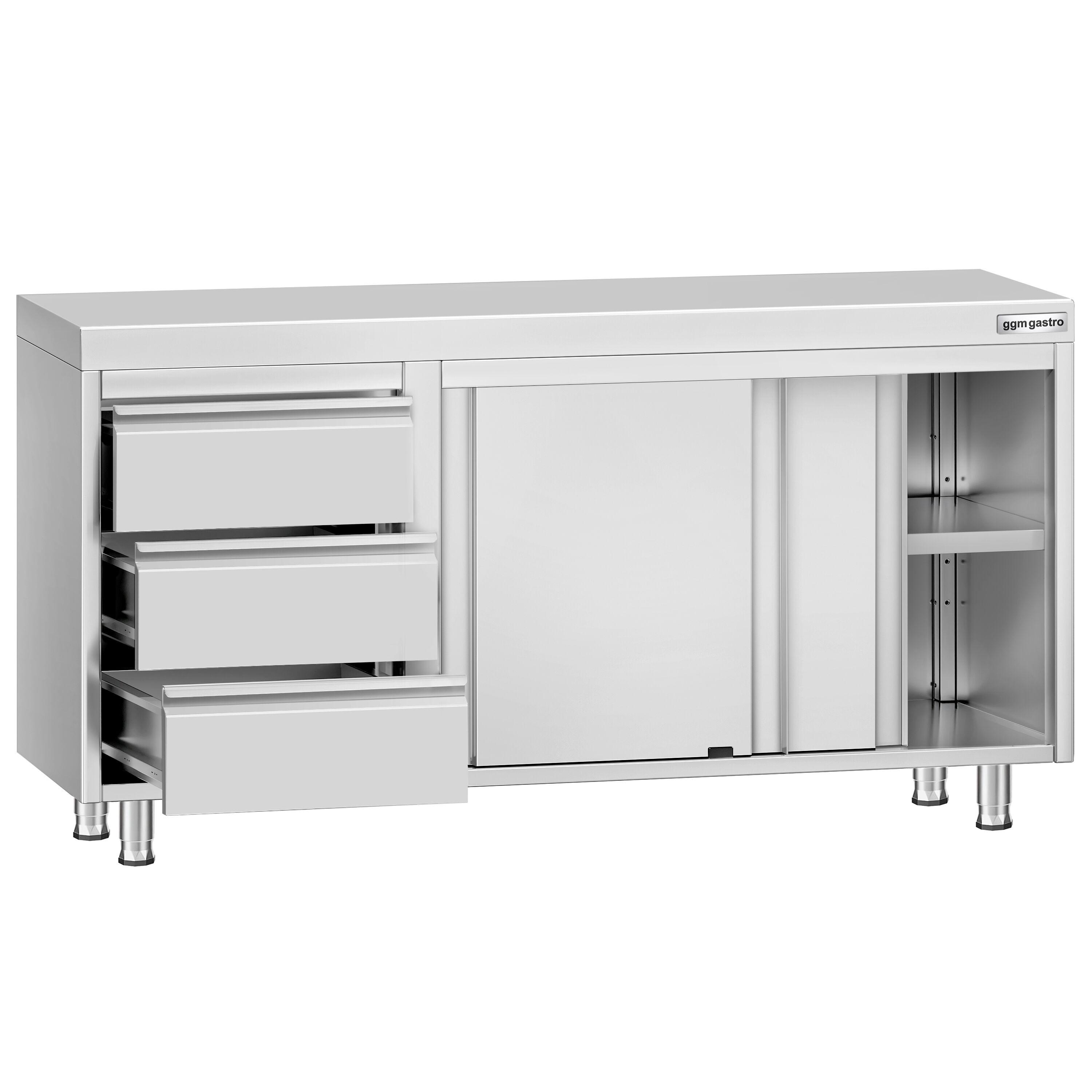 Table armoire en acier inoxydable ECO - 1400x700mm - avec portes coulissantes et 3 tiroirs à gauche