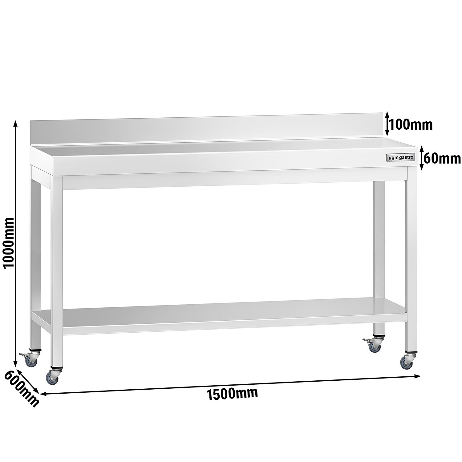 Table de travail en inox PREMIUM - 1500 x 600 mm - avec tablette inférieure, dosseret et roulettes