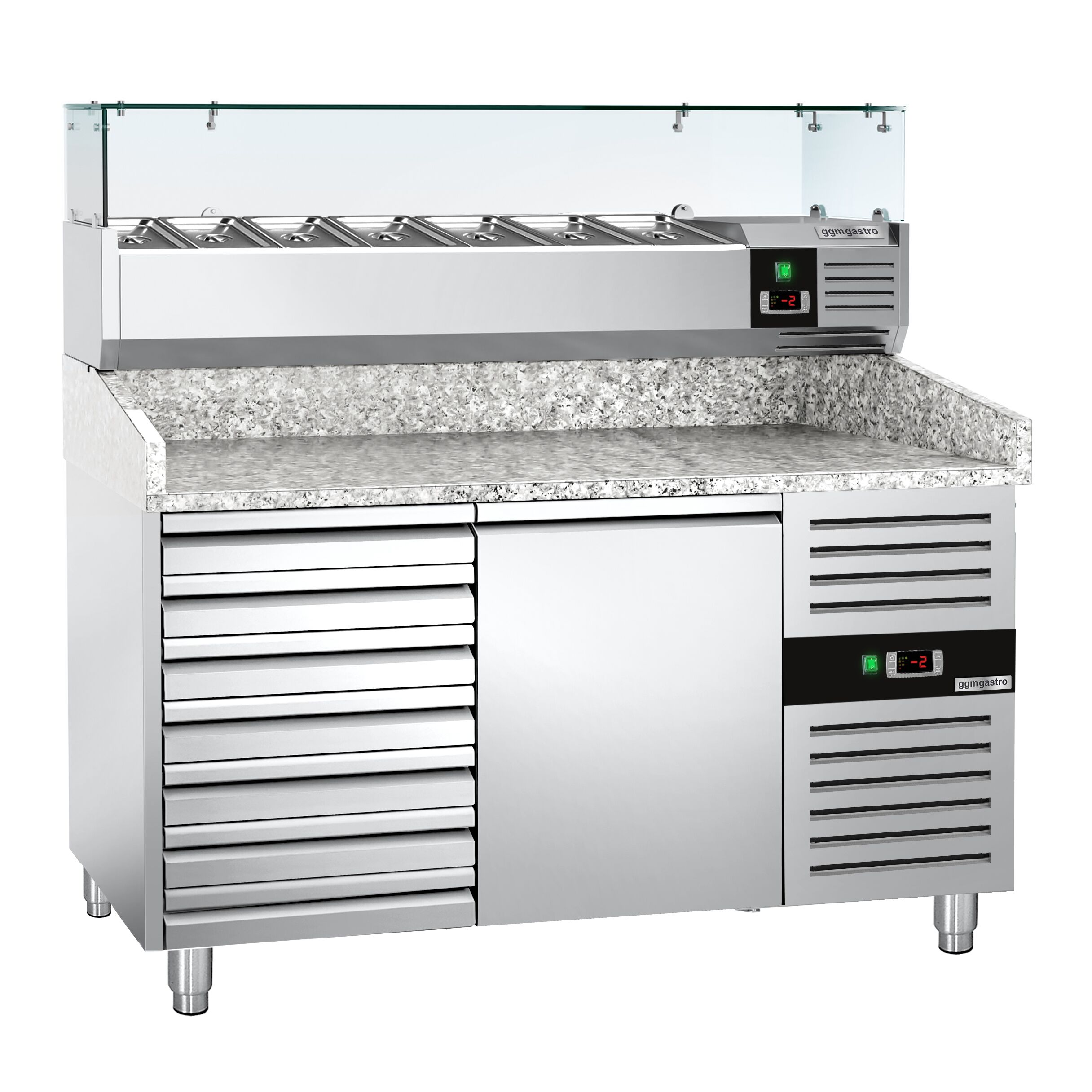 Table réfrigérée à pizza ECO - 1500 x 800 mm - avec 1 porte et 7 tiroirs - incl. vitrine réfrigérée - 7 x GN 1/4