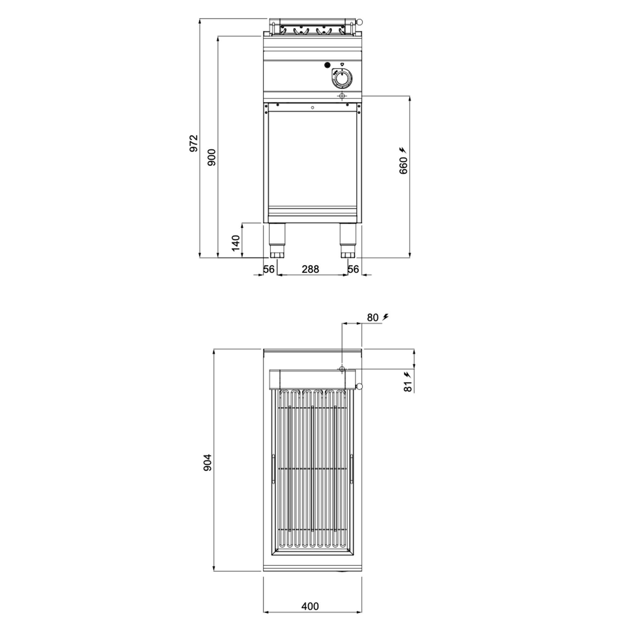 Grill elektryczny - 5,4kW - 400mm - Wolnostojący - 900mm głębokości - Ruszt na stałej wysokości - na podstawie otwartej