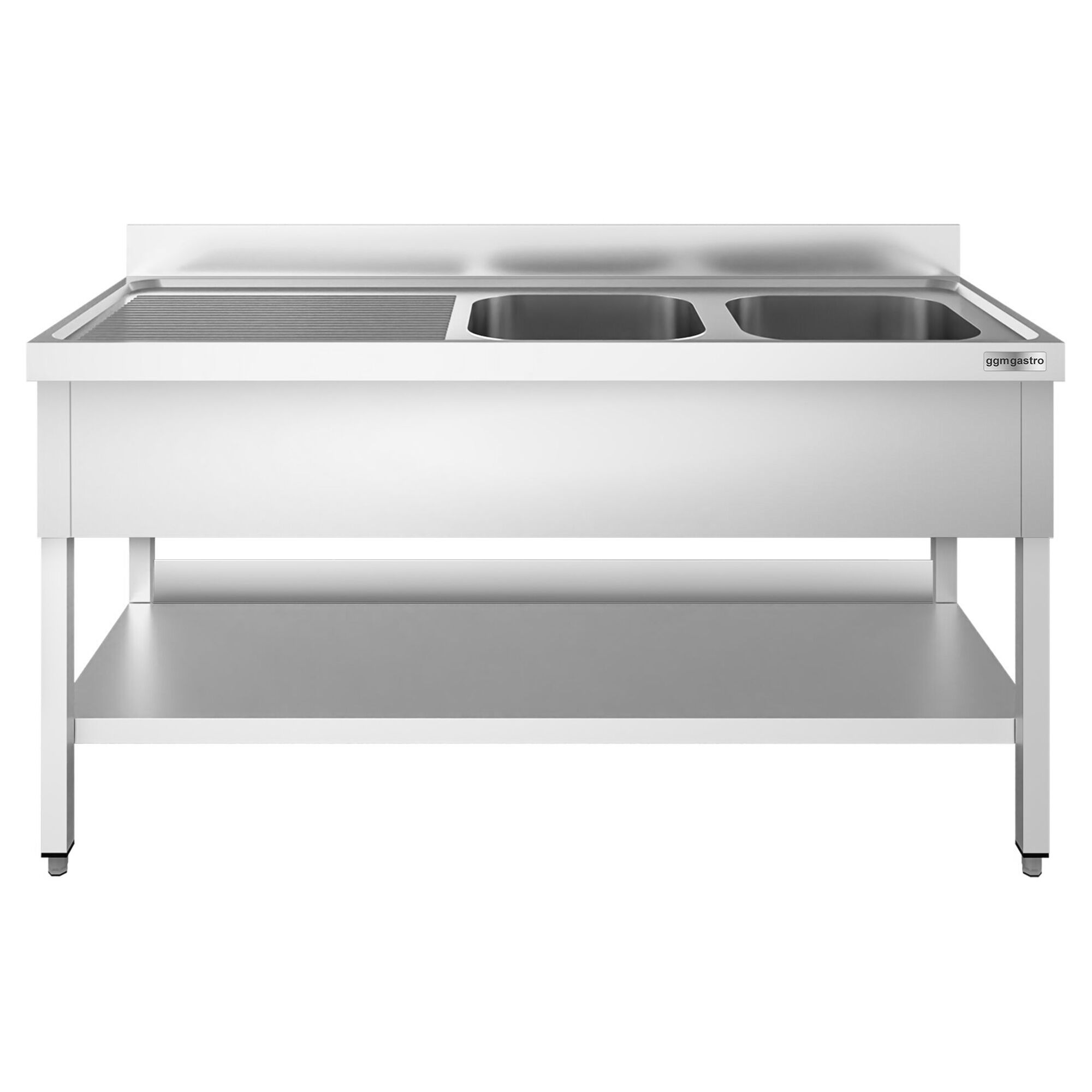 Plonge en inox PREMIUM - 2000x600mm - avec étagère basse - 2 bacs à droite