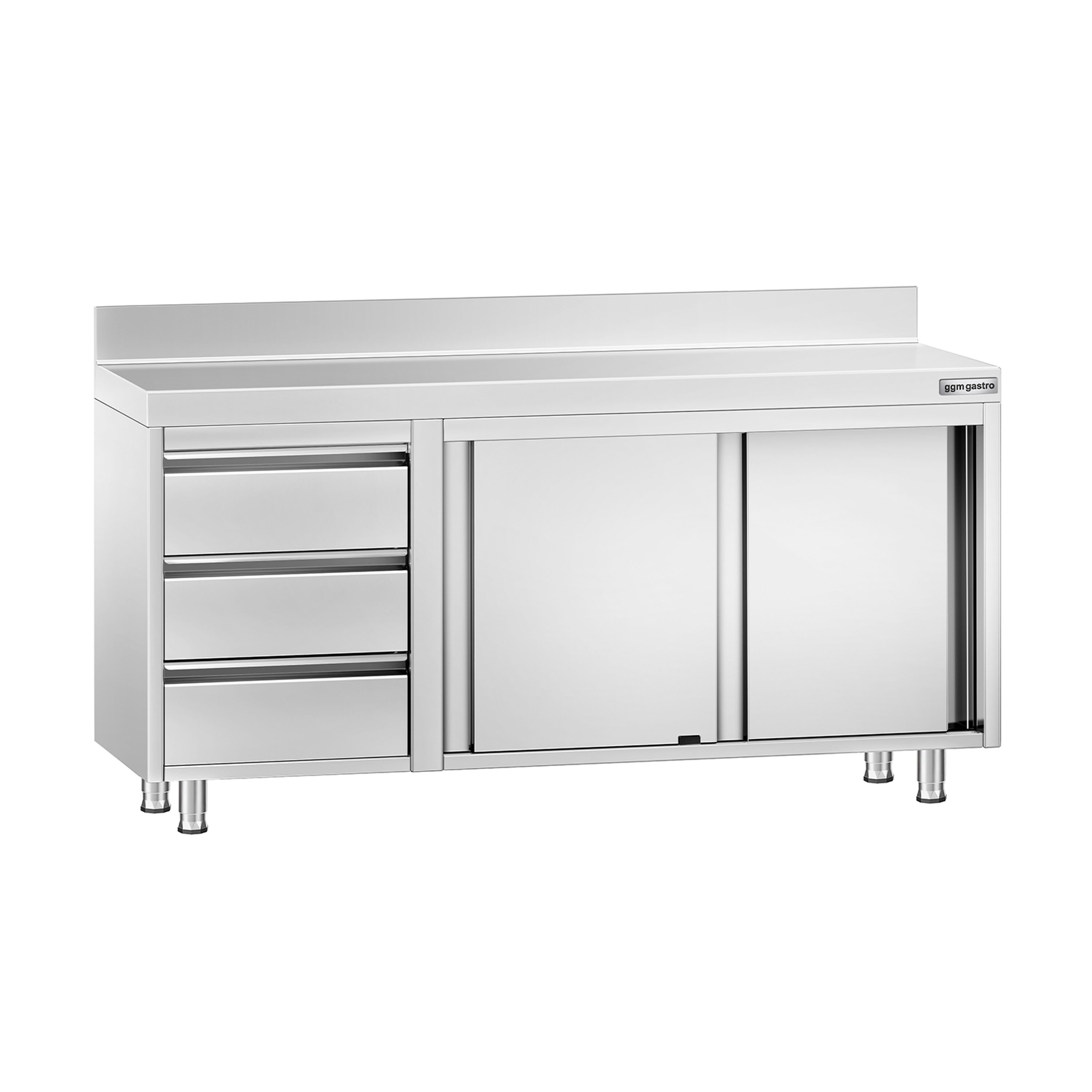 Table armoire en acier inoxydable PREMIUM - 1600x600mm - avec portes coulissantes et 3 tiroirs à gauche - avec dosseret
