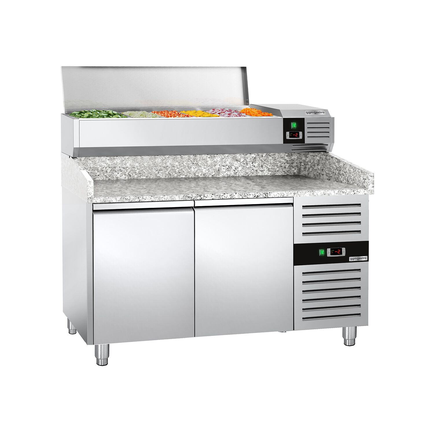 Table réfrigérée à pizza PREMIUM - 1500 x 800 mm - avec 2 portes - incl. vitrine réfrigérée - 7 x GN 1/4
