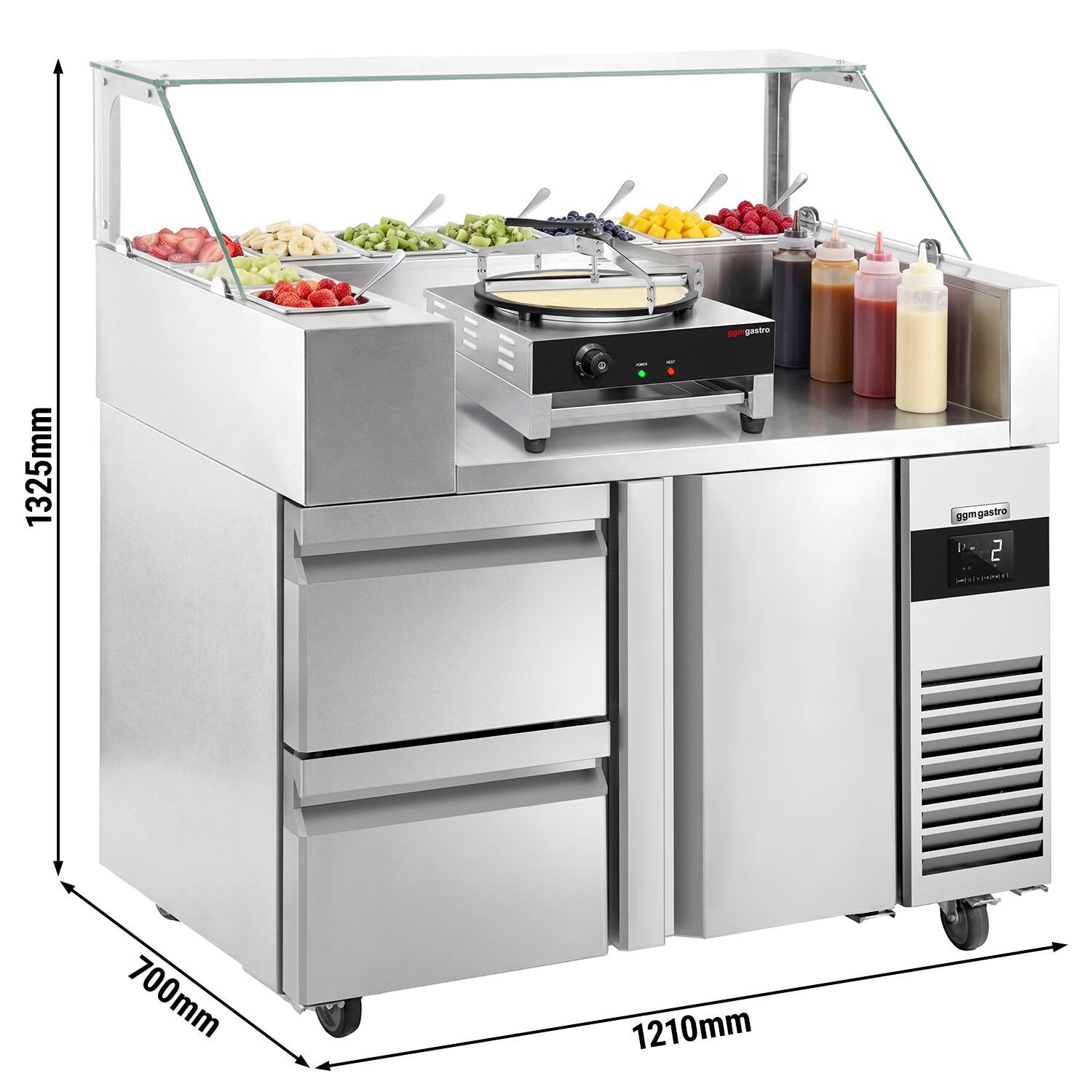 Table de préparation – 1210 mm – 1 porte & 2 tiroirs – pour 9 bacs GN 1/6 – incl. appareil à crêpes & répartiteur de pâte