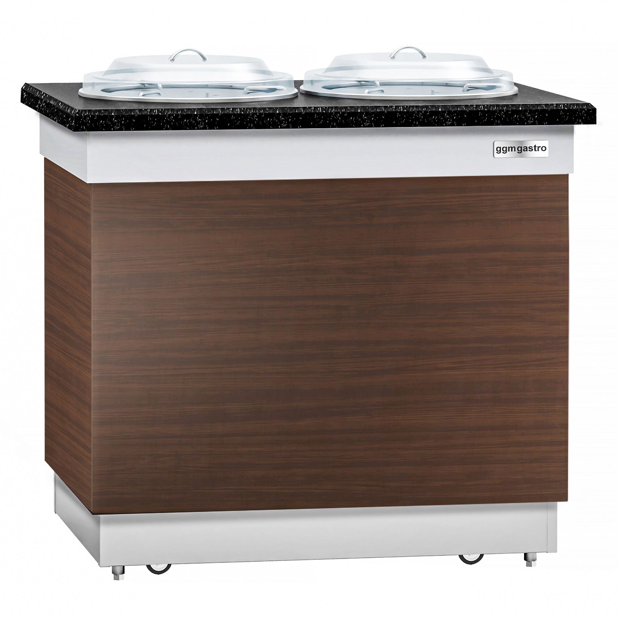 Tellerspender DUBLIN - beheizt - 1 kW - 700mm - mit Rollen - 100 Teller - schwarze Granit-Arbeitsplatte
