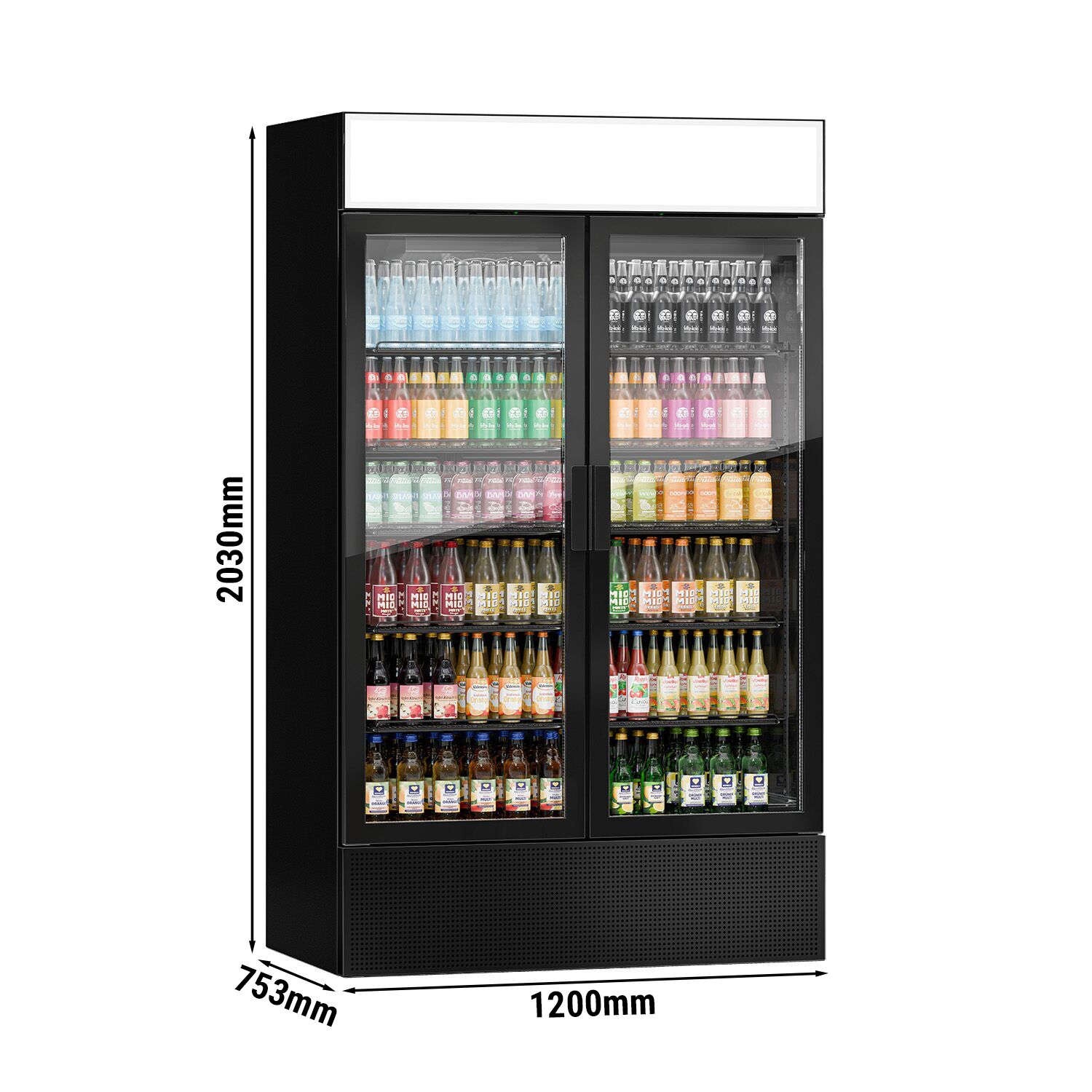 Vitrine réfrigérée à boissons - 1200mm - 1048 L - porte vitrée sans cadre - 2 portes vitrées - avec caisson lumineux - éclairage LED - thermostat numérique - Noir - +1 à +10 °C