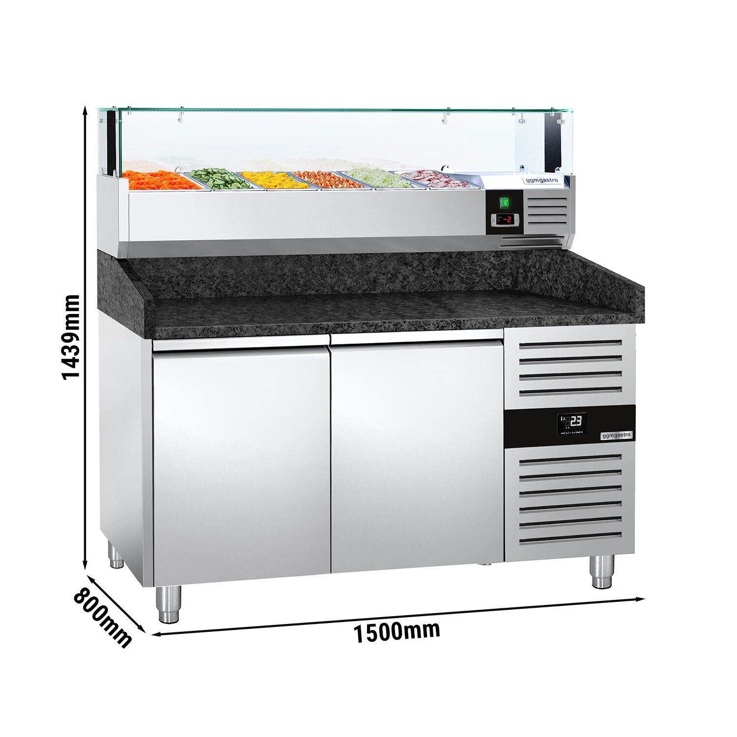 Table réfrigérée à pizza PREMIUM - 1500x800 mm - avec 2 portes - incl. vitrine réfrigérée LED - 5x GN 1/3 + 1x GN 1/2