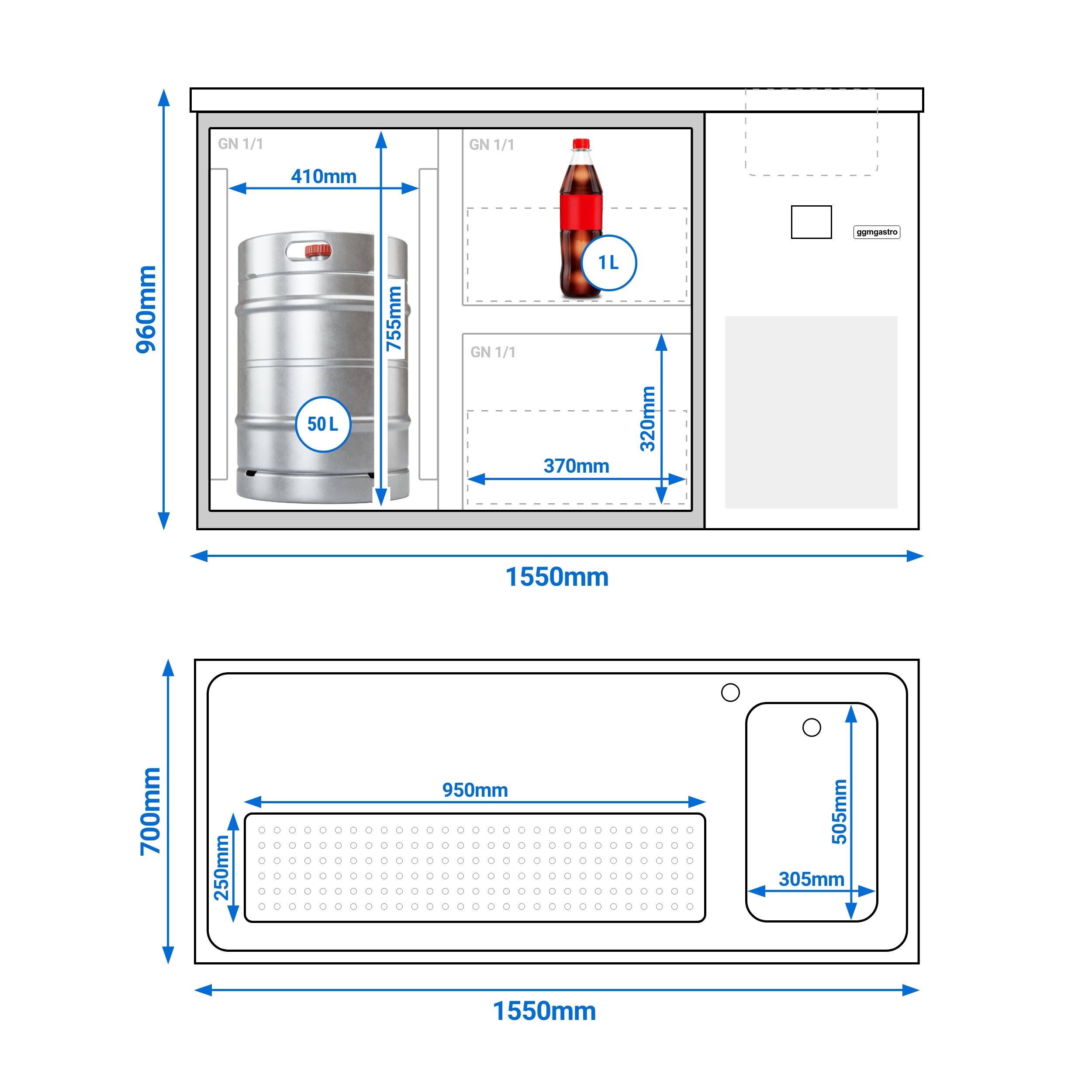 Comptoir de bar réfrigéré PREMIUM - 1550x700 mm - 1 porte et 2 tiroirs