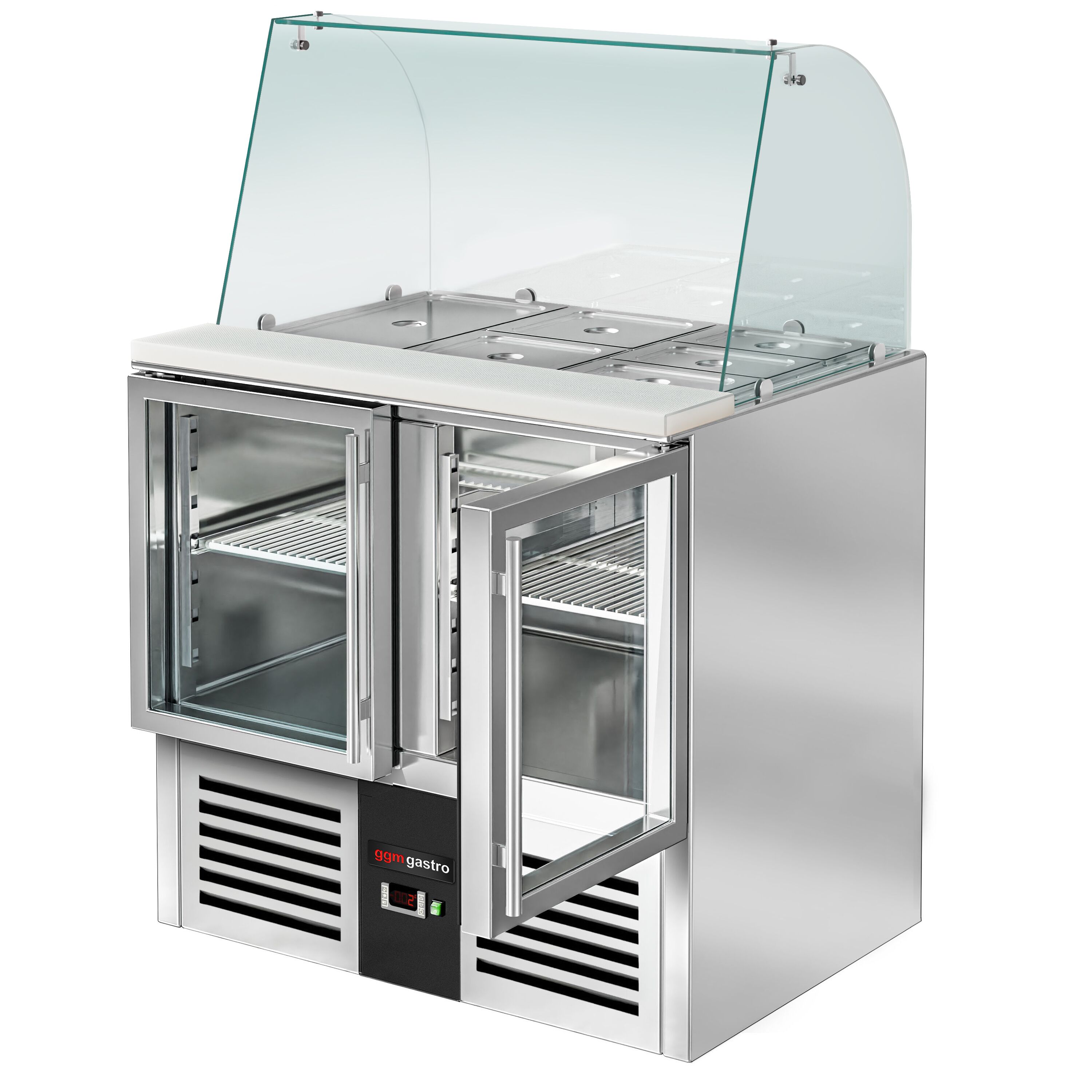 Saladette réfrigérée PREMIUM - 900mm - 288L - 2 portes vitrées - avec vitrine de comptoir pour 2x GN 1/1 & 3x GN 1/6 - Pour FR