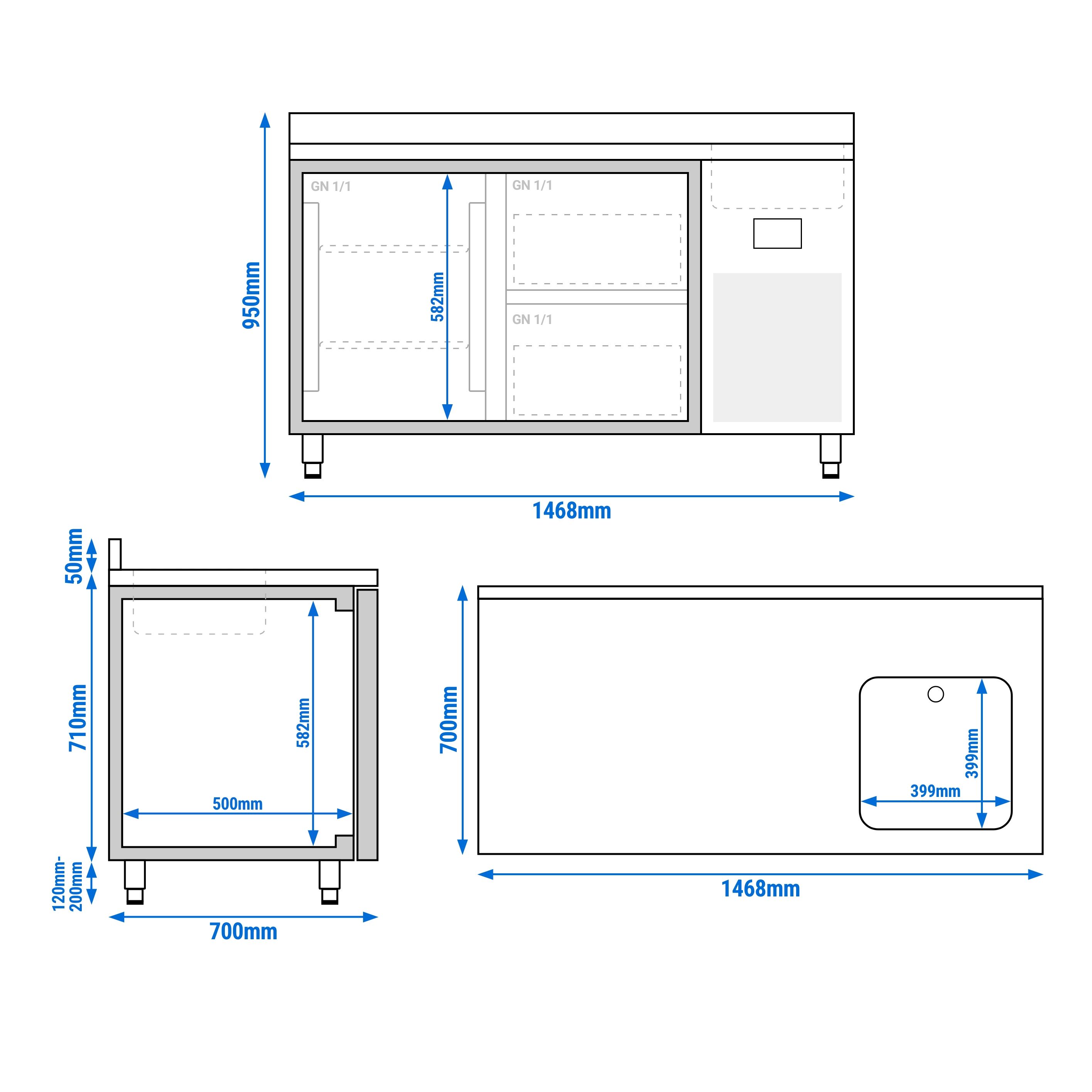 Table réfrigérée Premium PLUS - 1468 x 700 mm - avec 1 bac, 1 porte, 2 tiroirs - dosseret