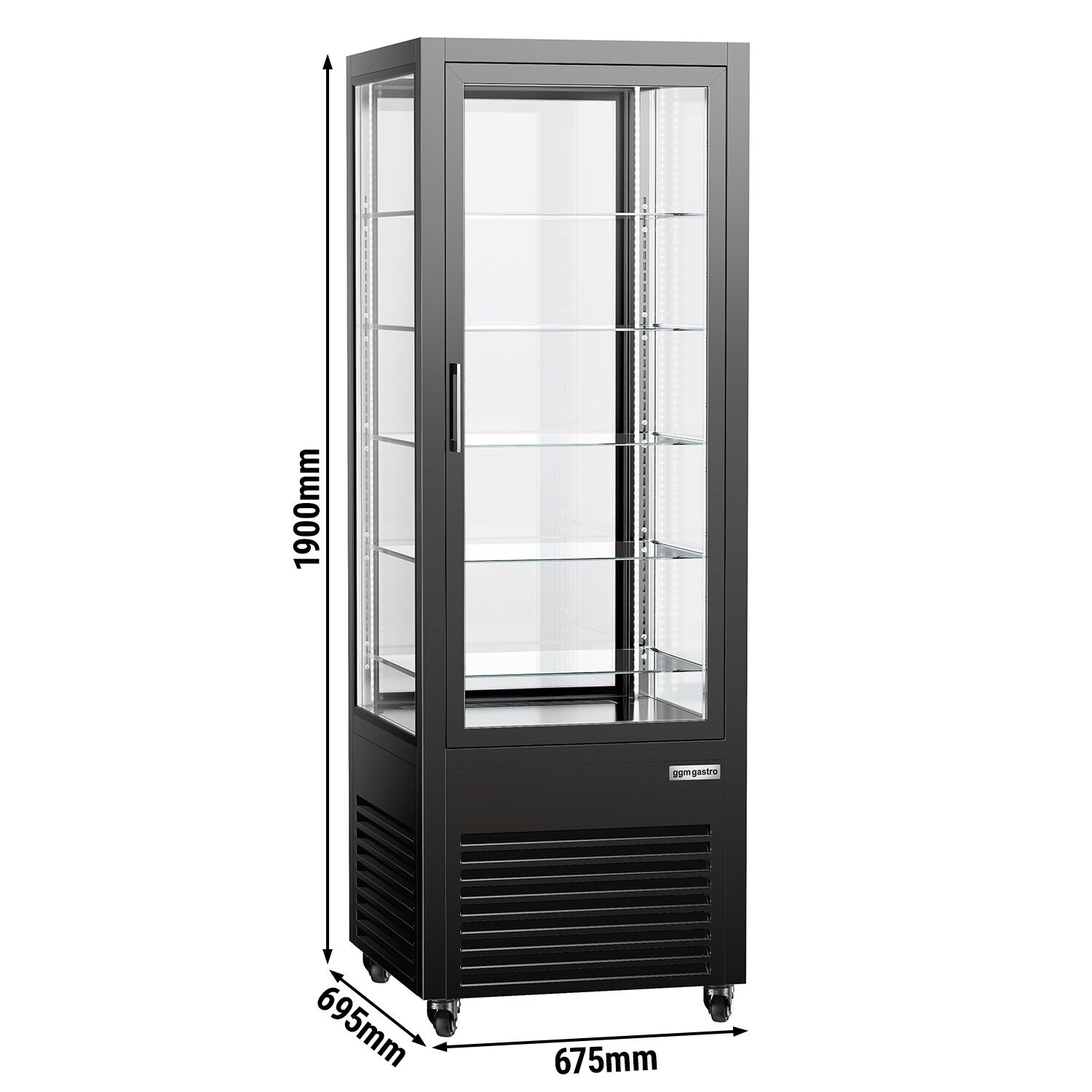 Vitrine réfrigérée 4 faces vitrées / Vitrine panoramique – 440 litres – 2 portes en verre – 5 étagères – Noir