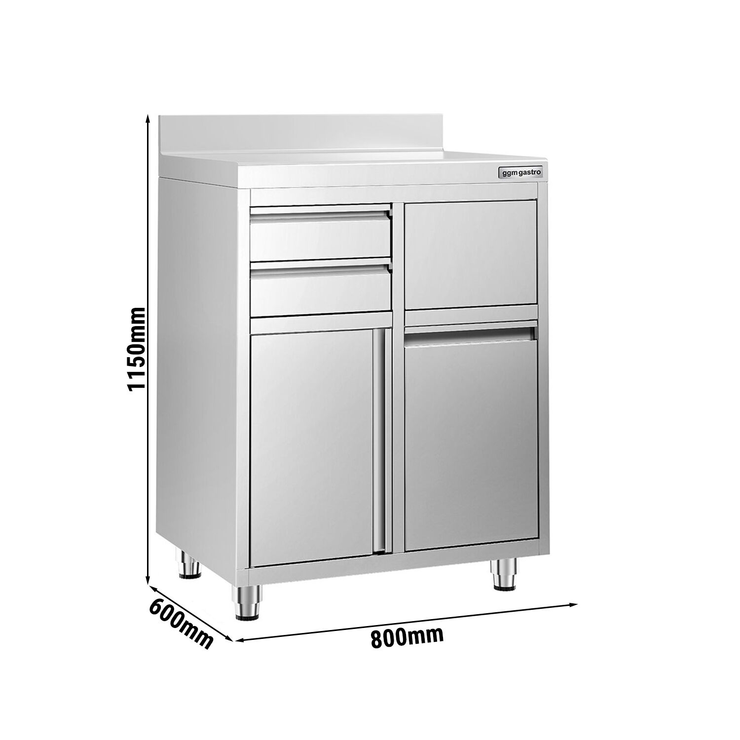 Table armoire en acier inoxydable - 800x600mm - avec 2 tiroirs et 1 porte battante et poubelle - avec dosseret - pour cafetière à filtre