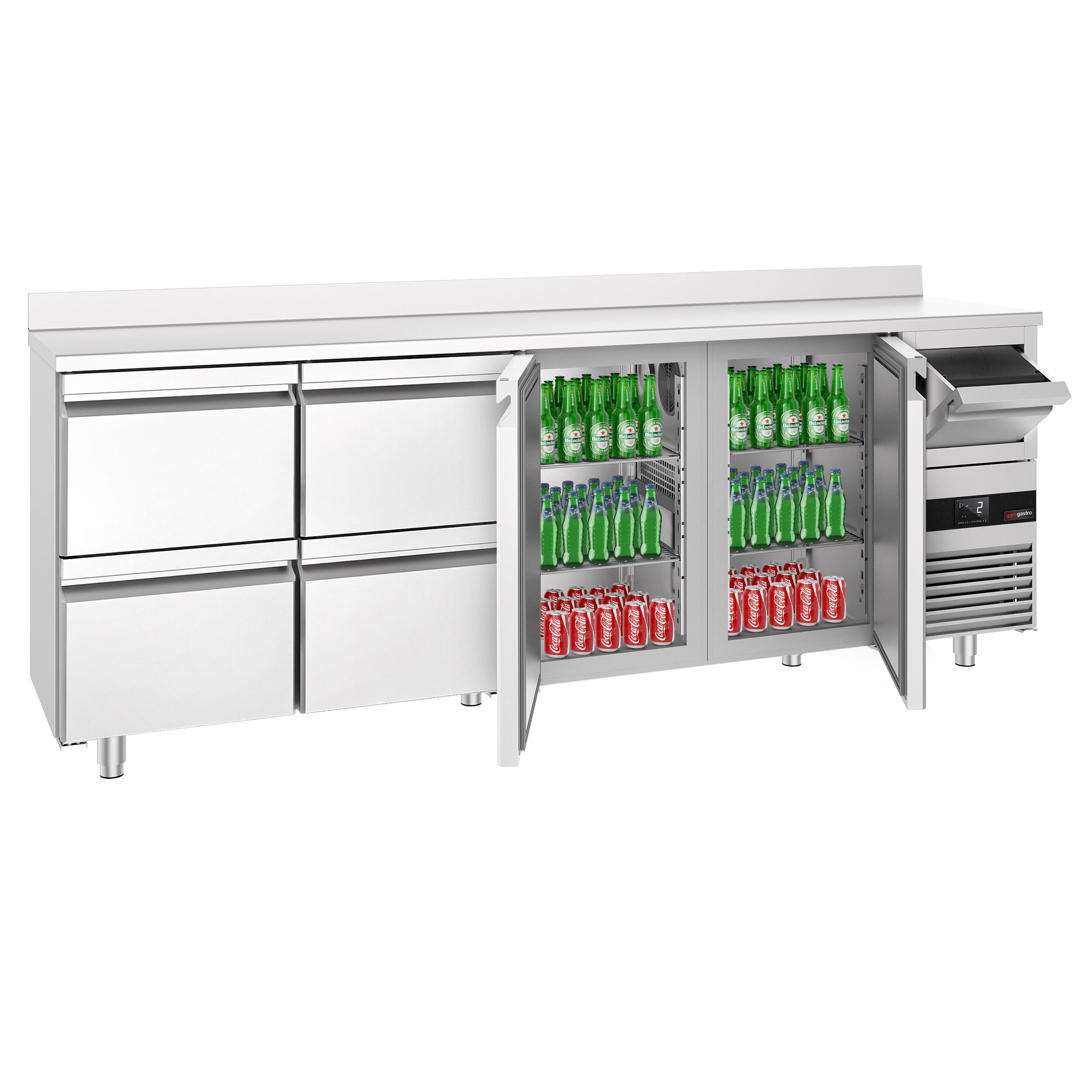 Arrière-bar réfrigéré professionnel  PREMIUM - 2690 x 600 mm - avec 2 portes et 4 tiroirs - avec dosseret - avec tiroir à marc de café