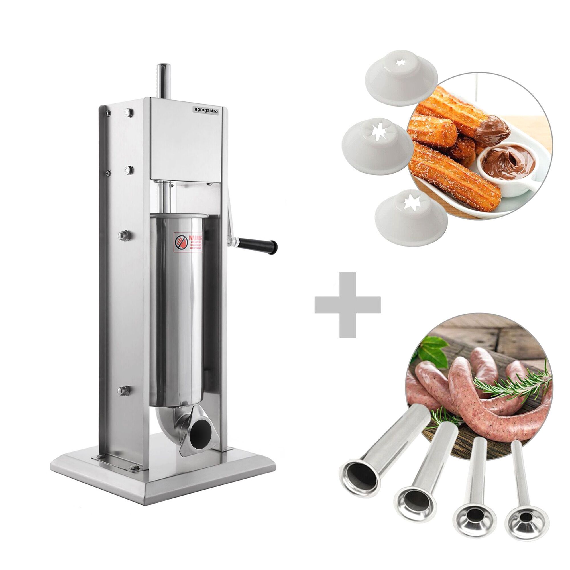 Poussoir à saucisses Manuel & Machine à churros - 5 Litres - inox - incl. 4 Embouts à saucisses & 3 Embouts à churros