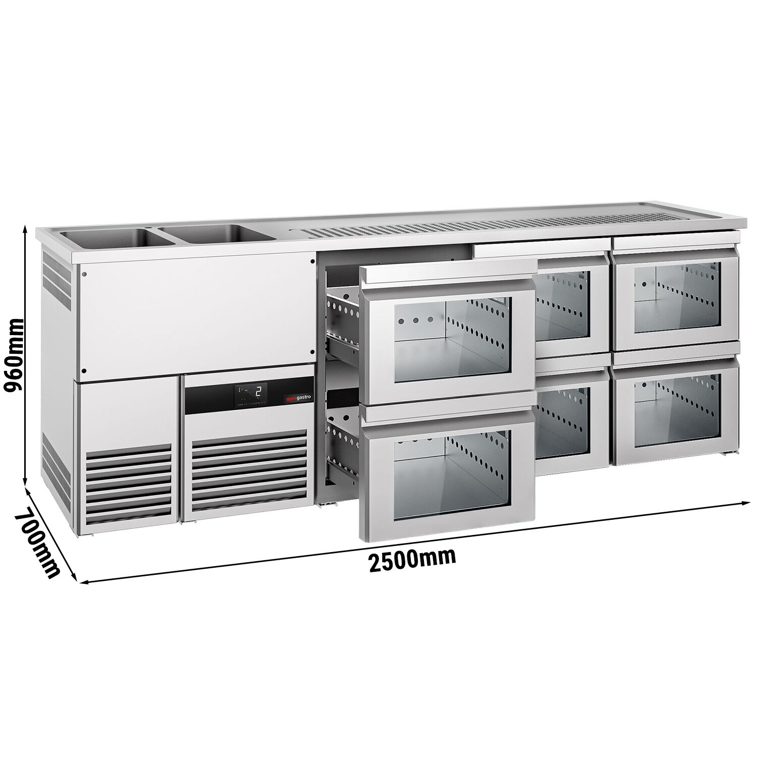 Comptoir de bar réfrigéré PREMIUM - 2500x700mm - 6 tiroirs en verre