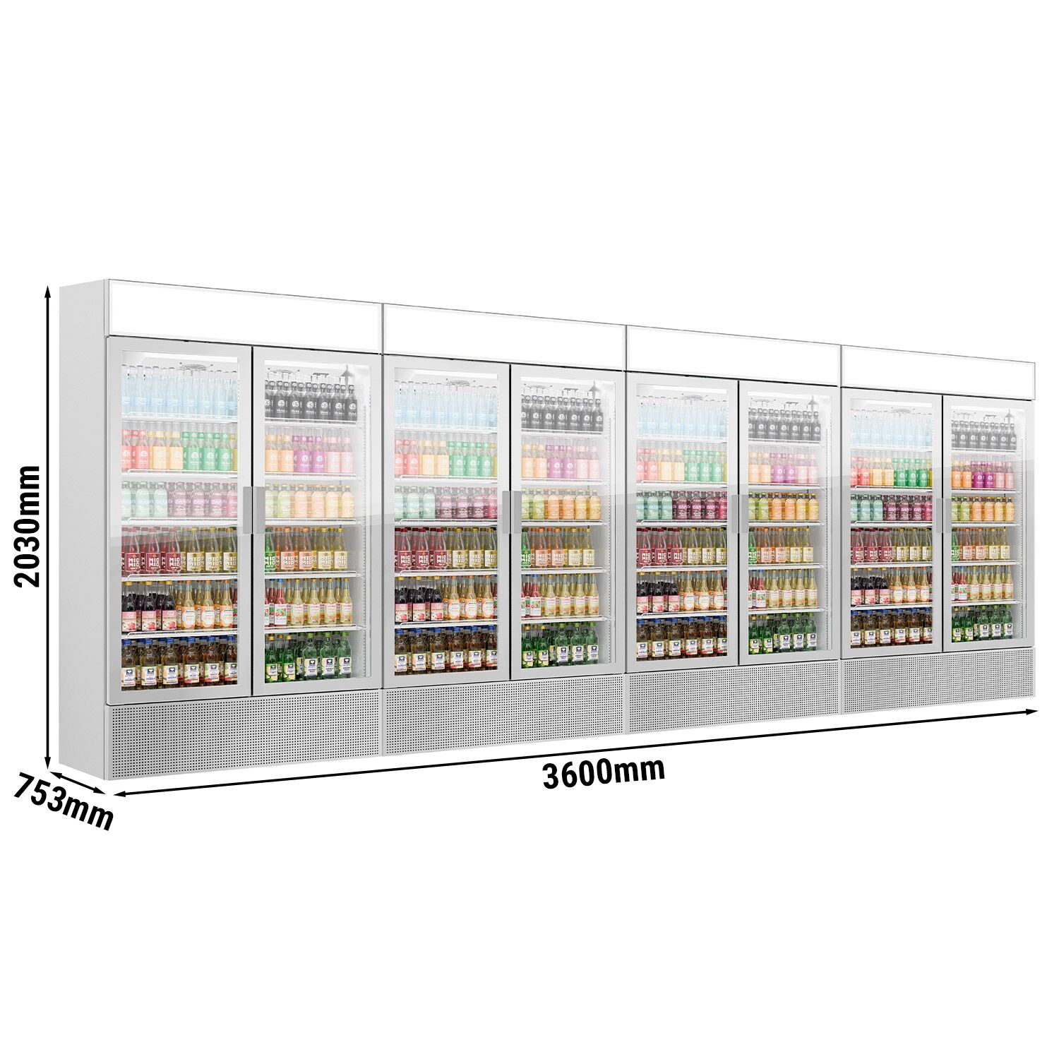 (4 pièces) Vitrine réfrigérée à boissons - 4800 litres - design sans cadre - avec 8 portes vitrées et écran publicitaire