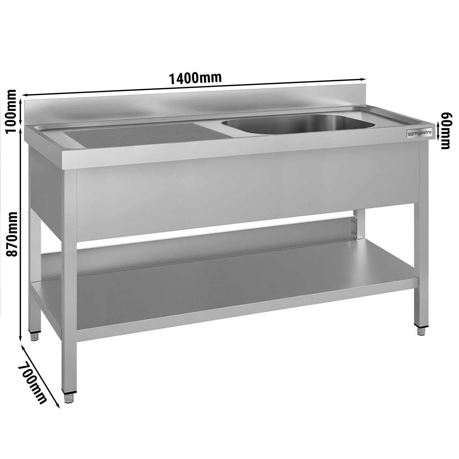 Plonge en inox ECO - 1400x700mm - avec étagère basse - 1 bac à droite