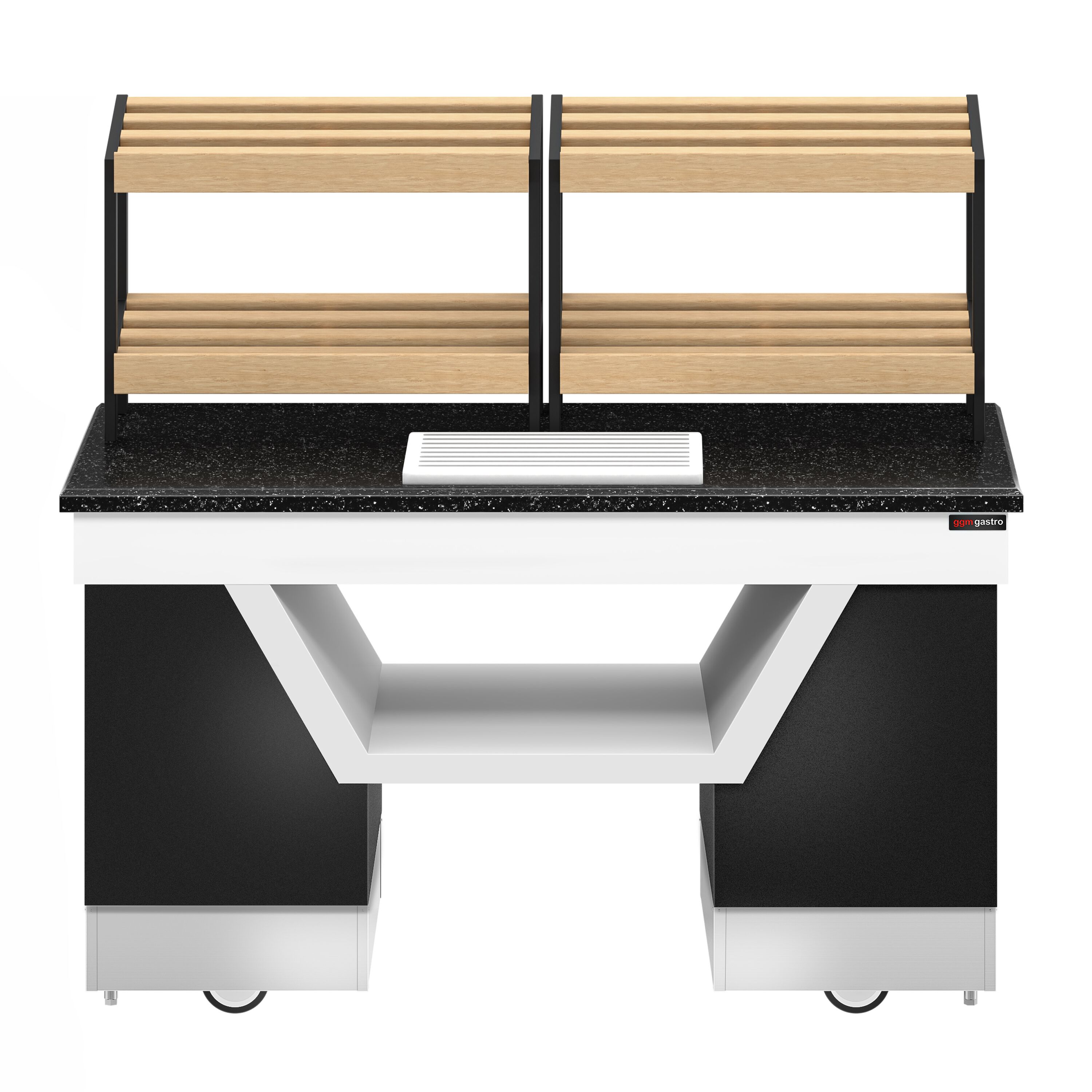 Bakery Display Counter BELFAST - 1600mm - with 2 shelves - on castors - black granite worktop