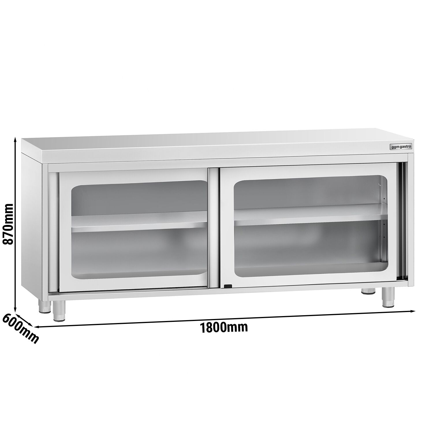 Table armoire en acier inoxydable PREMIUM - 1800x600mm - avec portes coulissantes vitrées et étagère basse