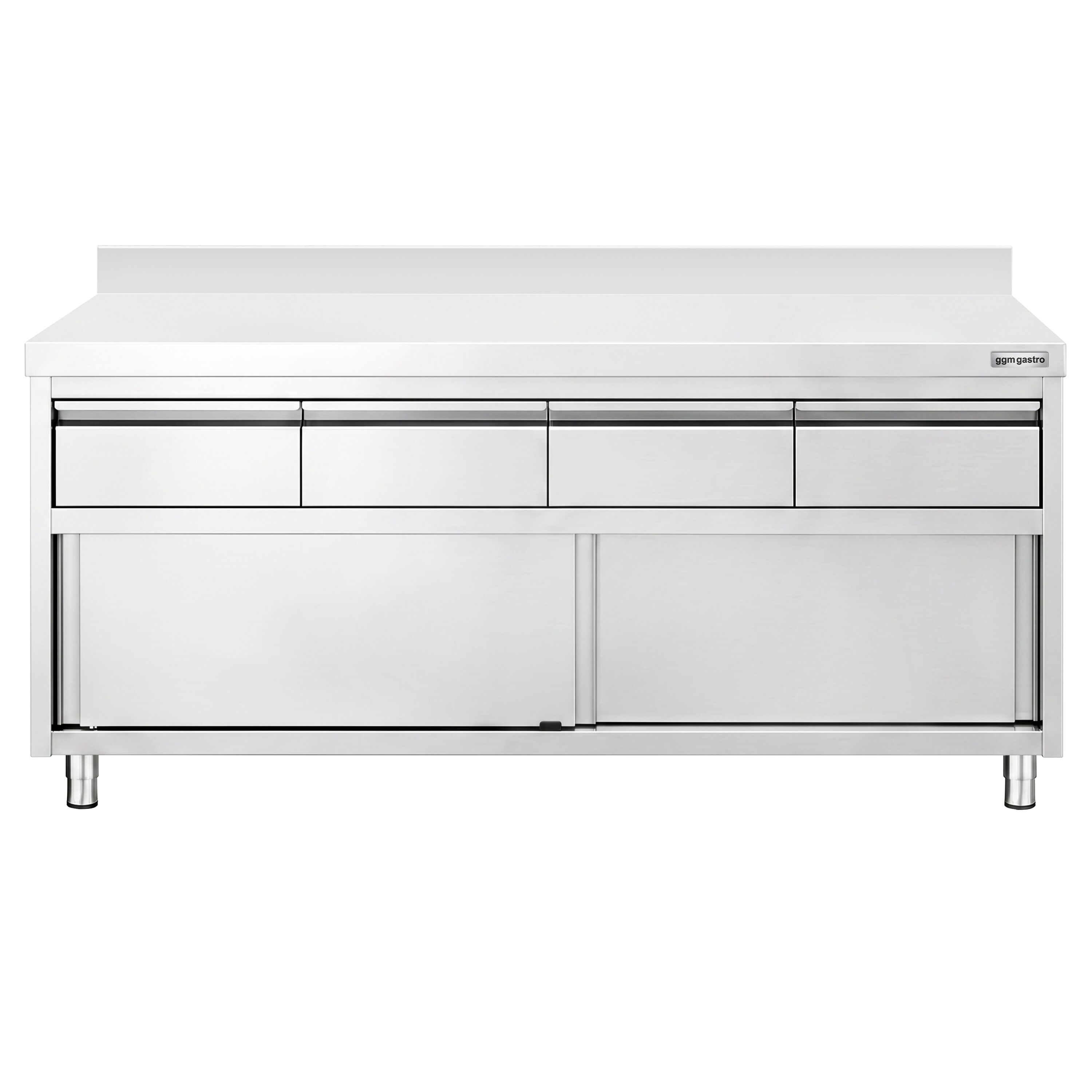 Armoire de travail en acier inoxydable PREMIUM - 2000 x 600 mm - avec rebord - avec 4 tiroirs et une porte coulissante