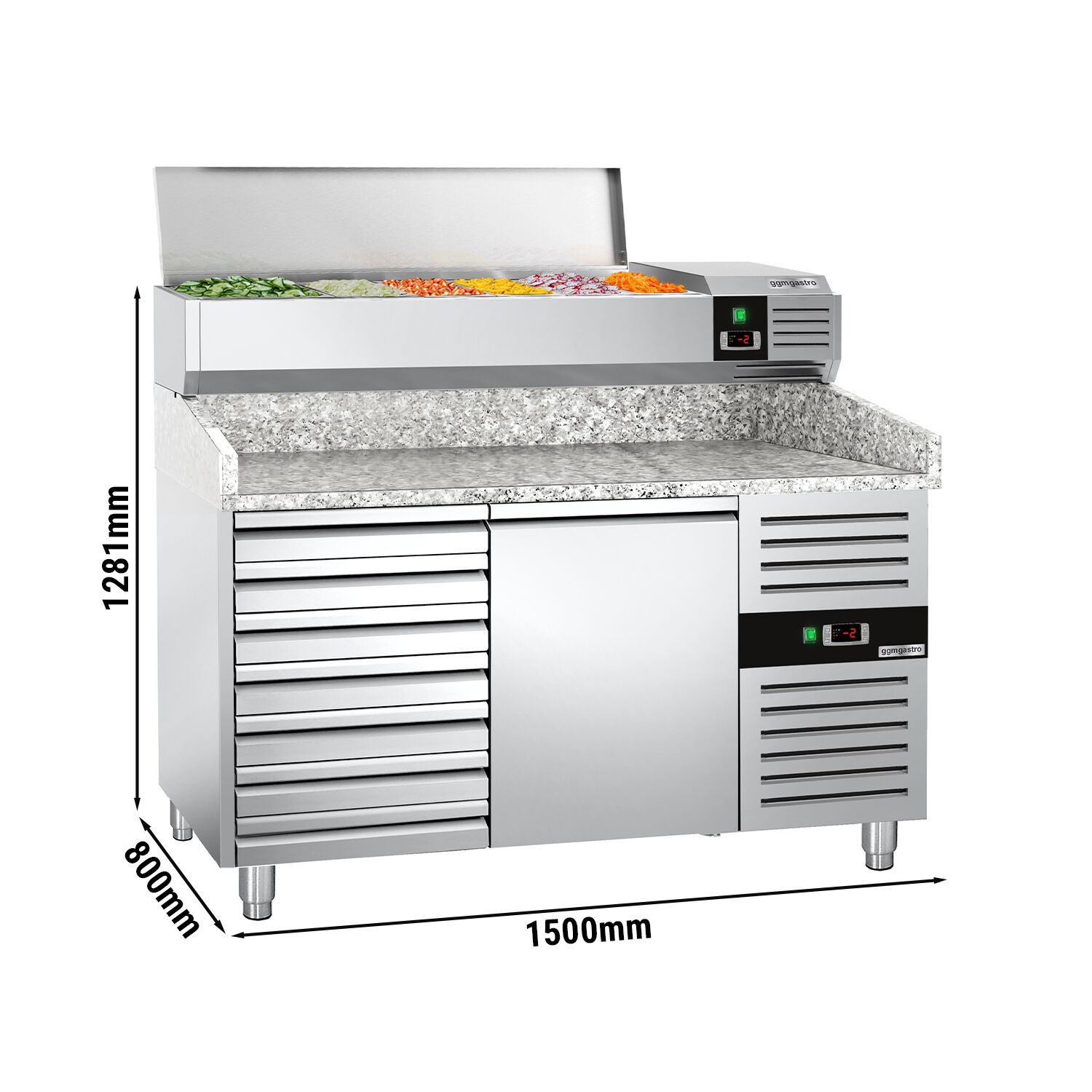 Table réfrigérée à pizza PREMIUM - 1500 x 800 mm - avec 1 porte et 7 tiroirs - incl. vitrine réfrigérée - 6 x GN 1/3