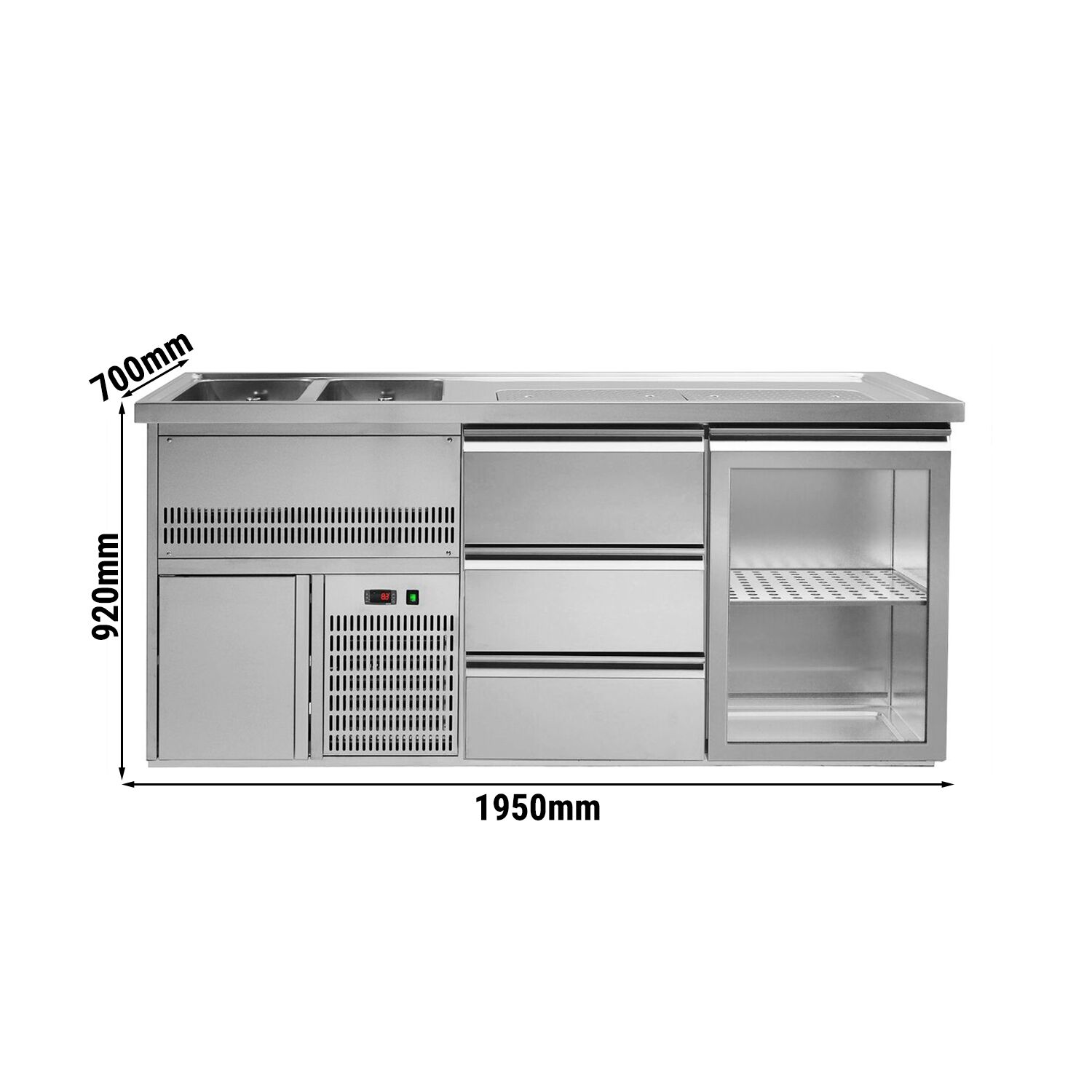 Comptoir à bière Premium PLUS – 1950 × 700 mm – 1 porte vitrée & 3 tiroirs