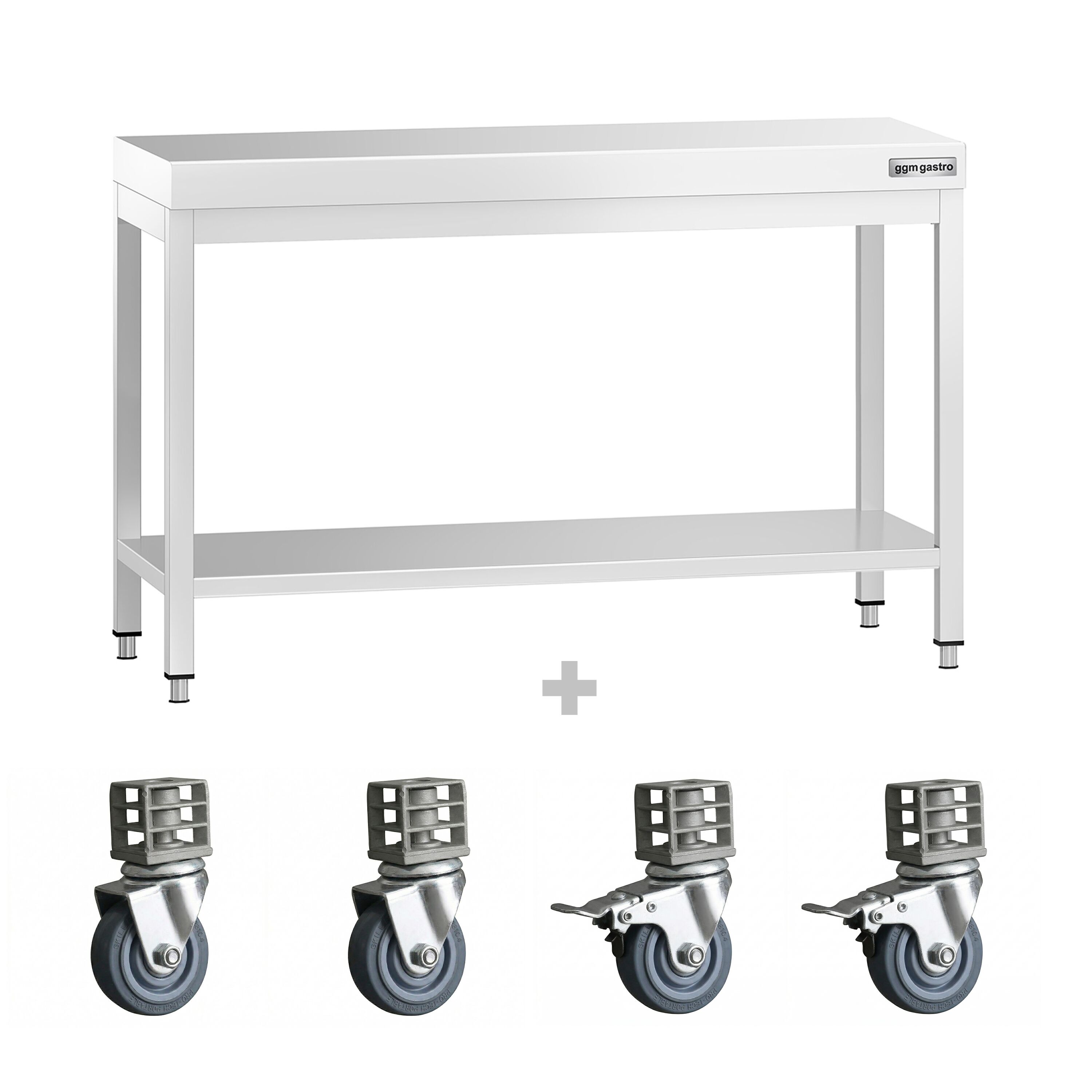 Table de travail en inox PREMIUM - 1200 x 600 mm - avec tablette inférieure et roulettes