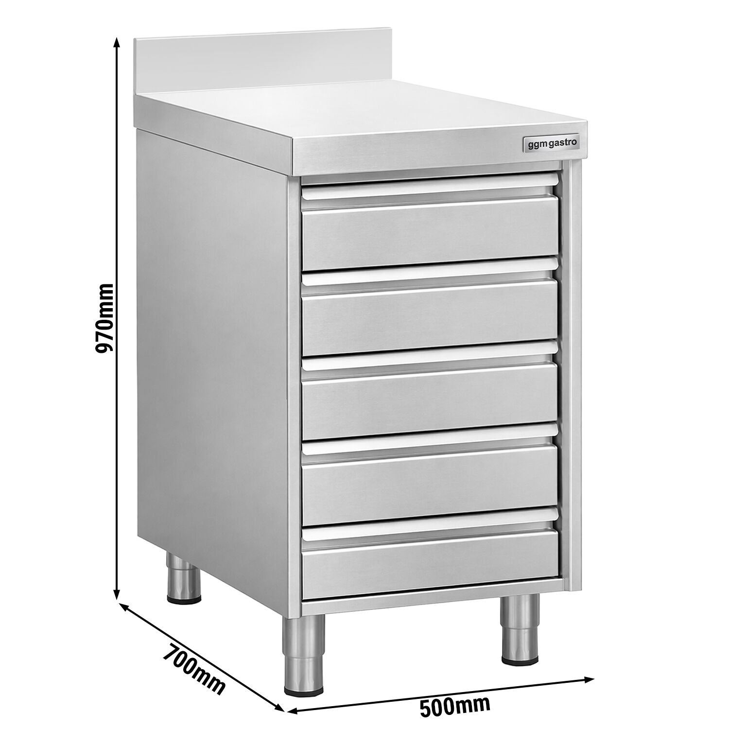 Meuble bas à tiroirs - Acier inoxydable - avec 5 tiroirs & dosseret 100mm - 500x700mm